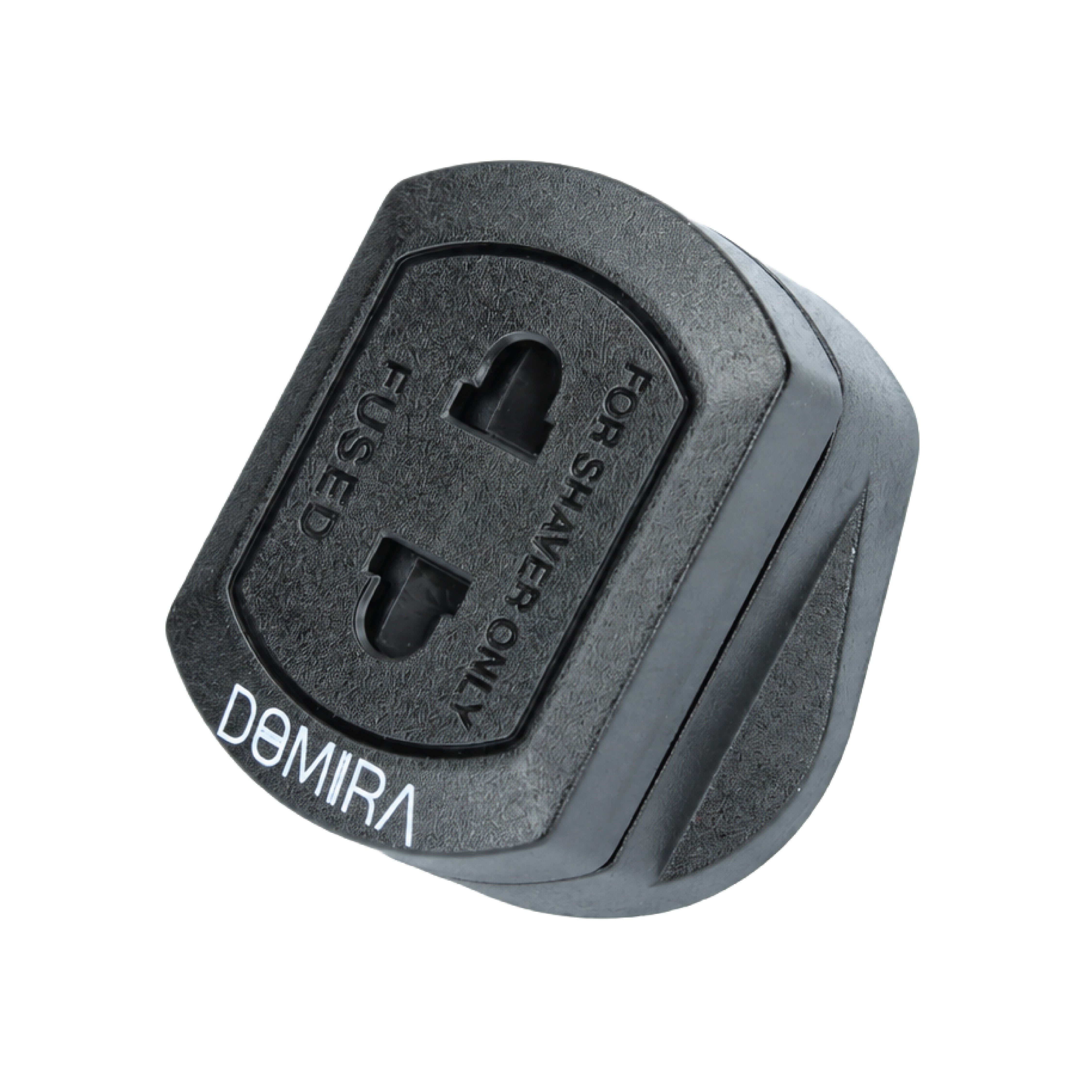 Angled view of the DOMIRA black
toothbrush adapter plug suitable for
electric toothbrushes, razors and shavers.