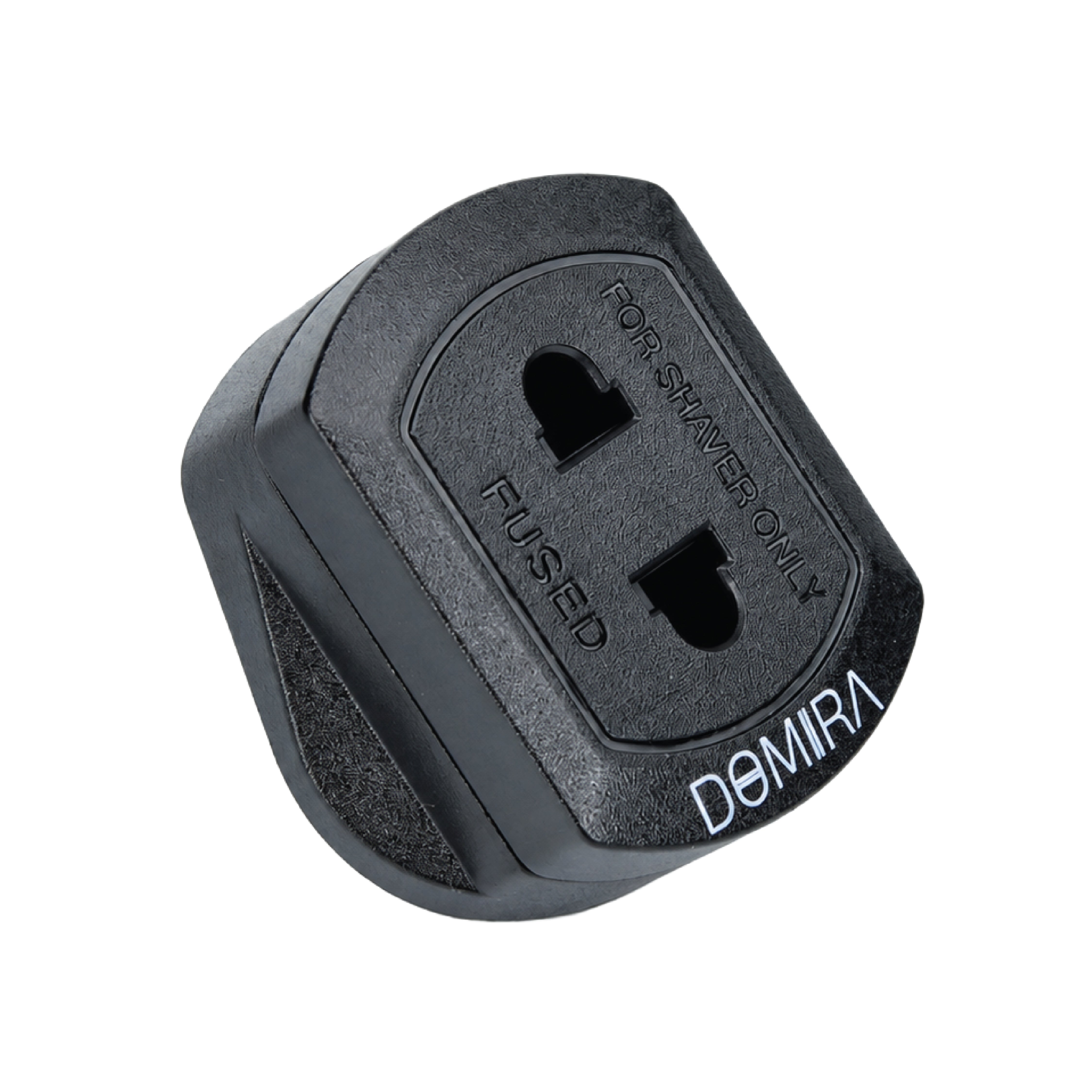 Perspective view of the DOMIRA black
travel toothbrush adapter with secure UK 3
pin connection and compact design.