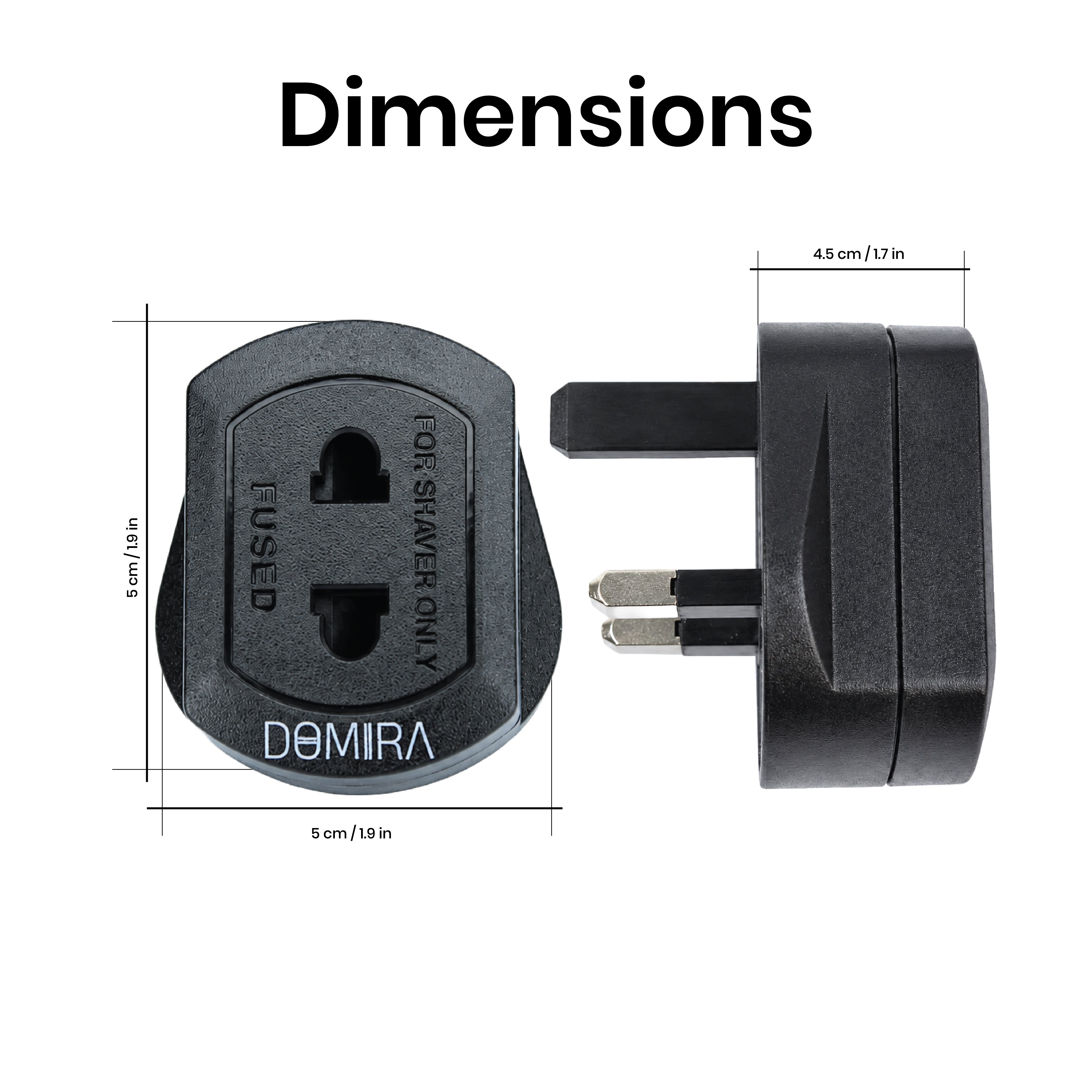 Dimensions of the DOMIRA black
toothbrush adapter plug showing compact
size suitable for travel and everyday
storage.