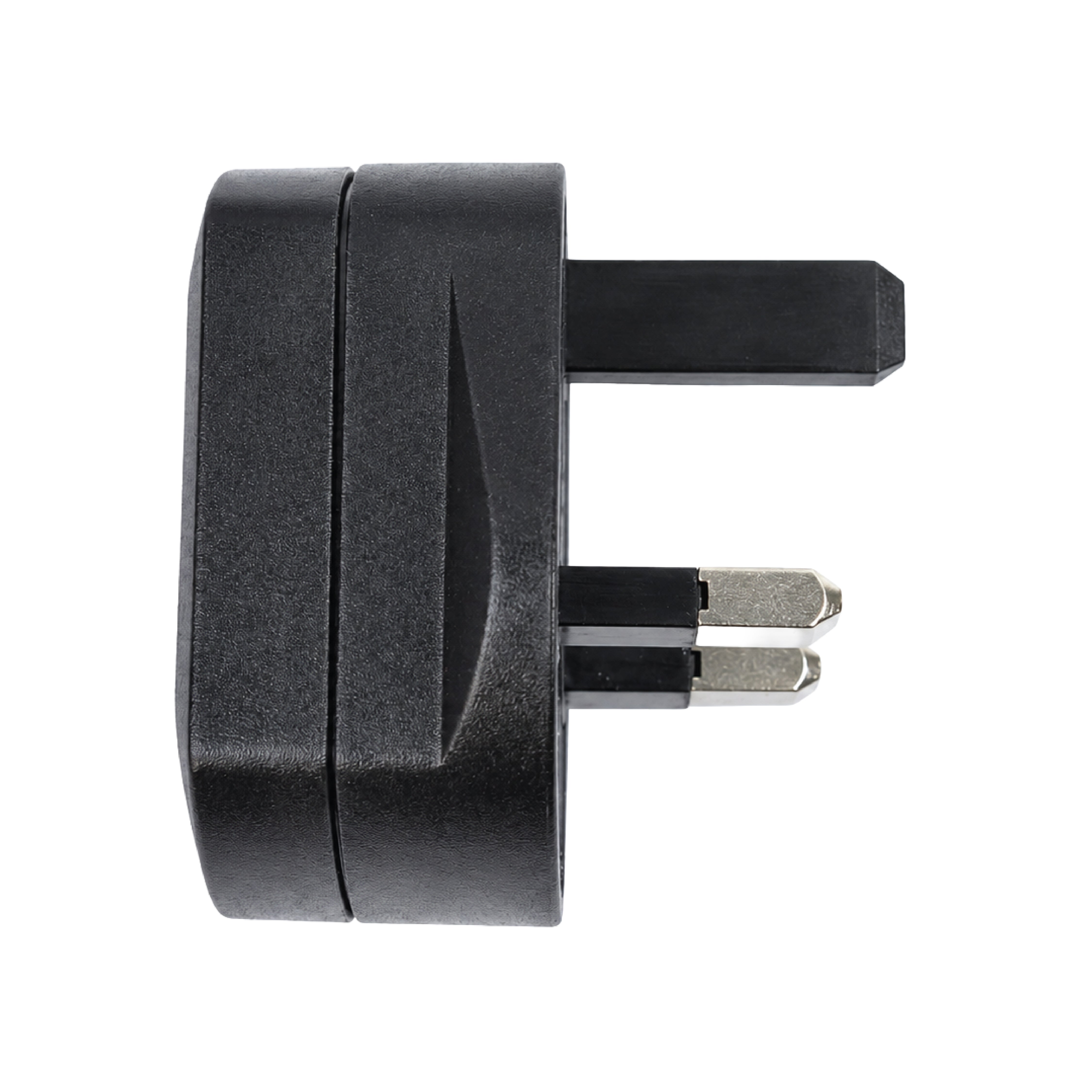 Side profile of the DOMIRA black 2 pin to 3
pin adapter plug highlighting its slim and
compact design for everyday use.