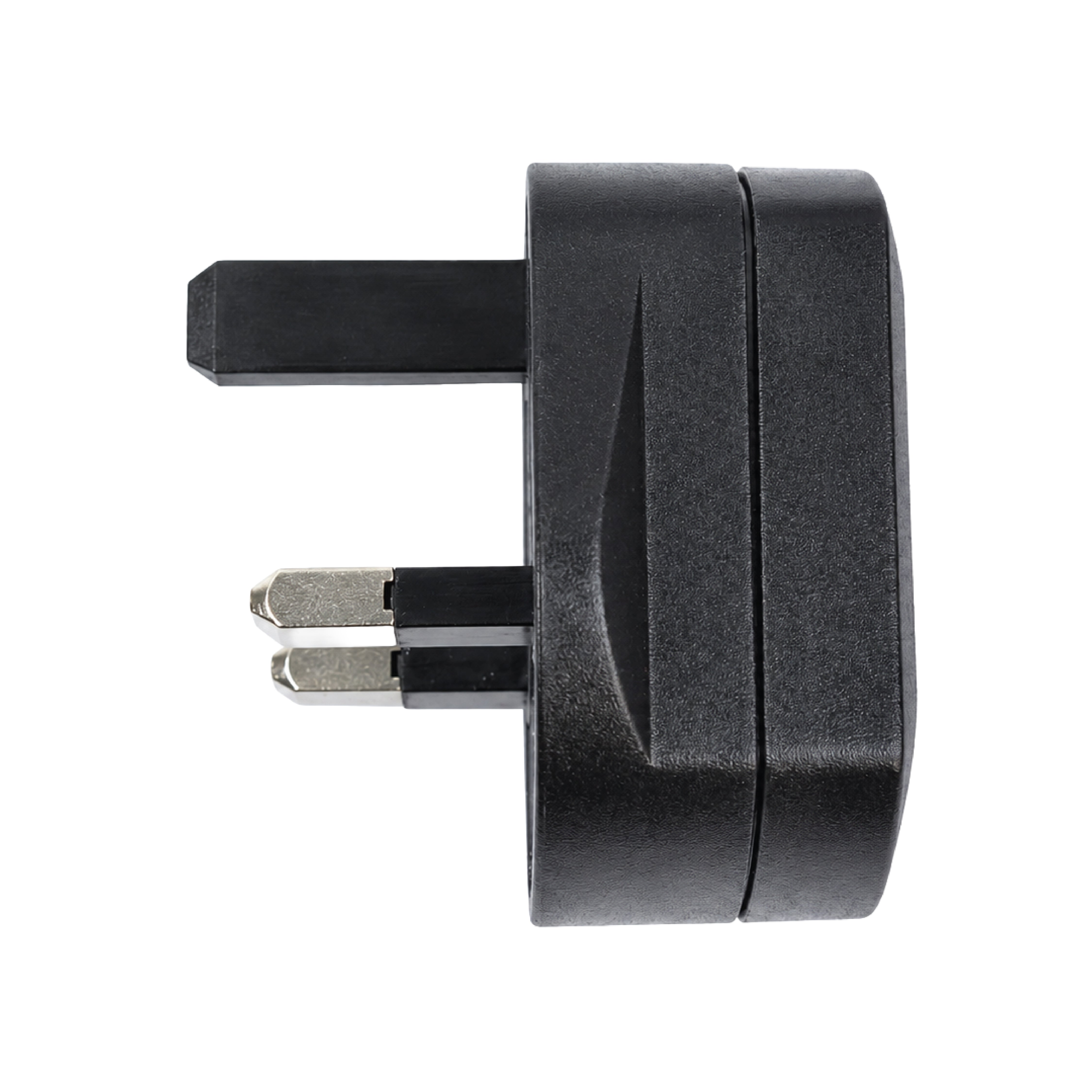 Alternative side view of the DOMIRA black
UK shaver adapter showing compact heat-
resistant housing and durable construction.