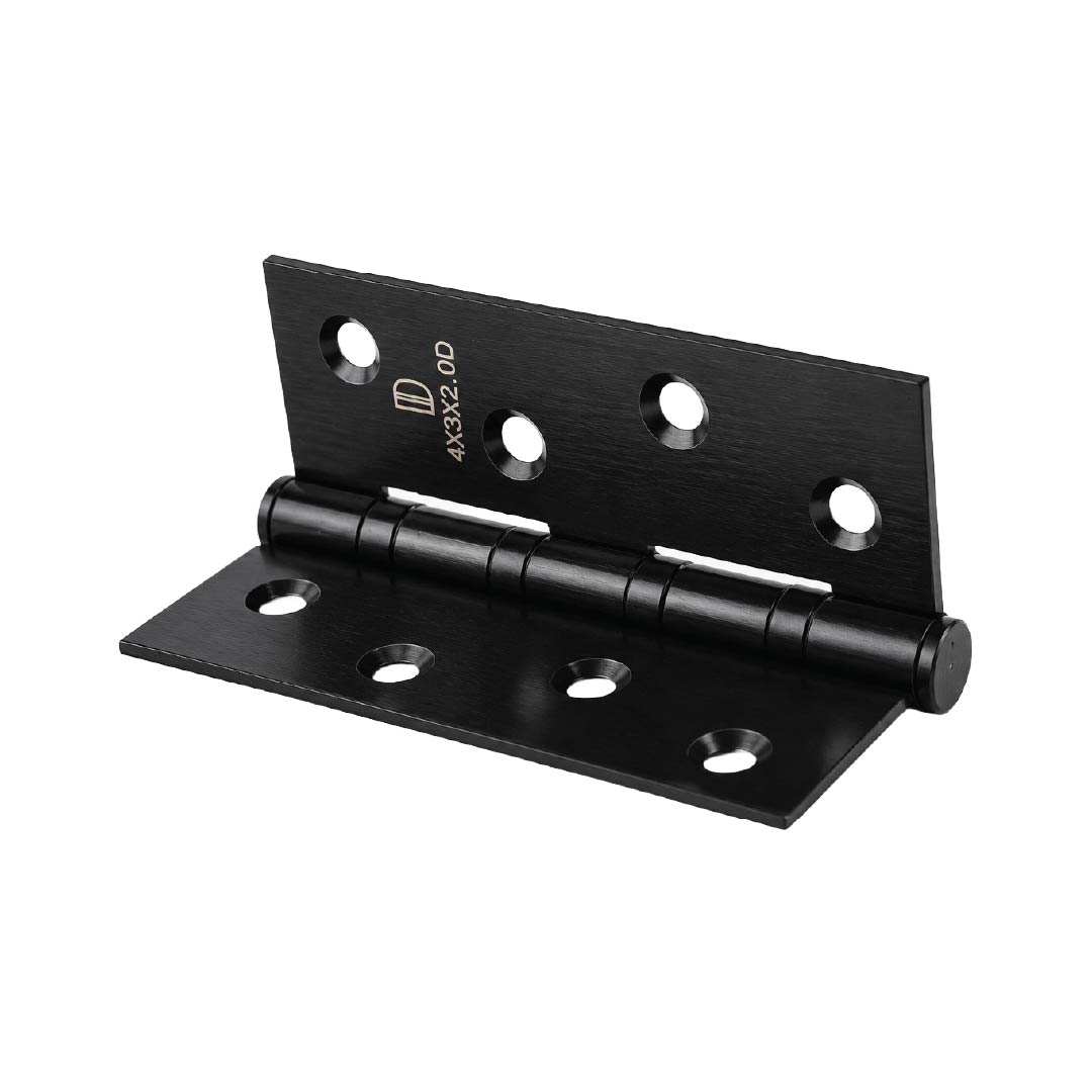 Angled view of DOMIRA black 102mm
steel ball bearing door hinge suitable for
internal and external wooden doors.