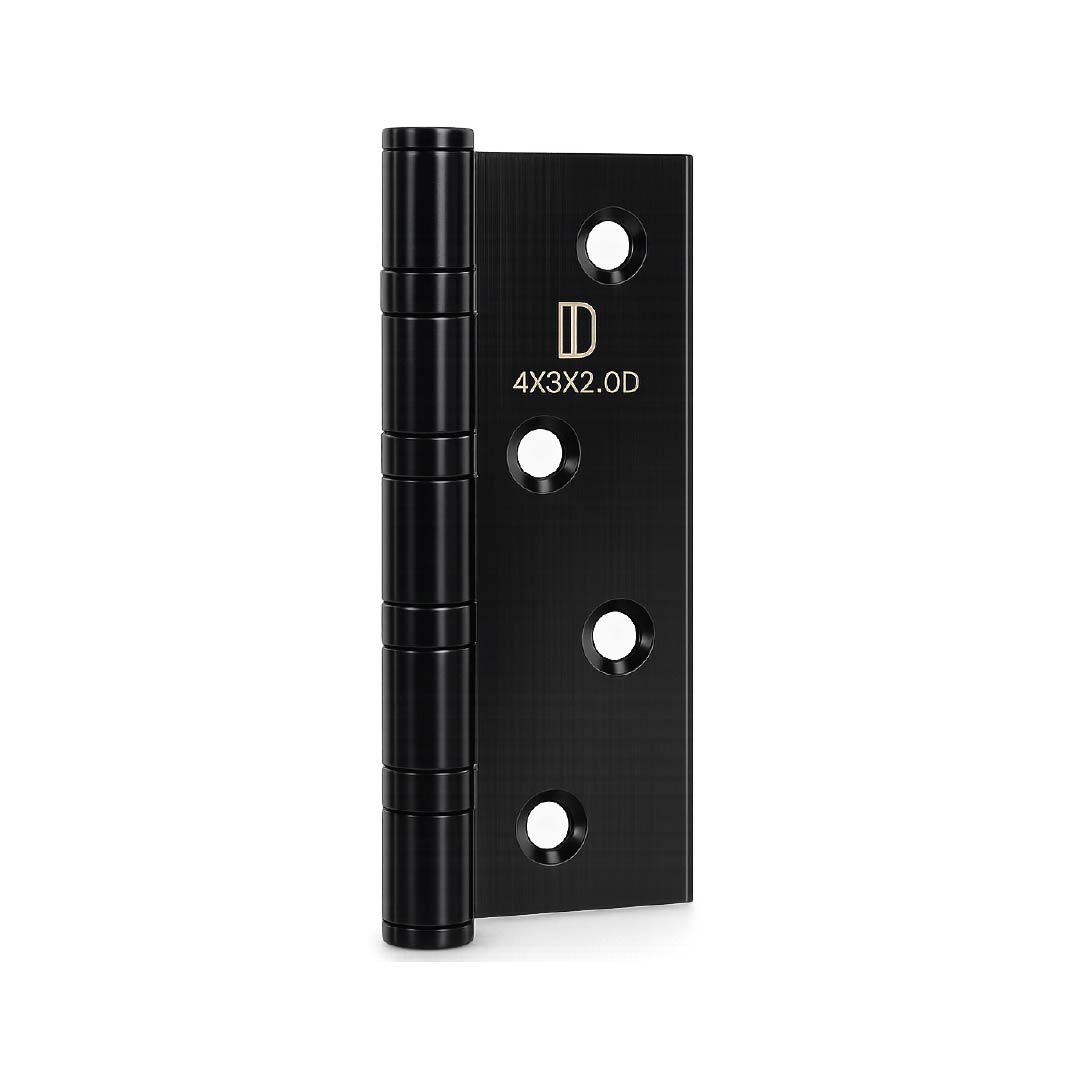 Perspective image of the DOMIRA black
heavy-duty hinge with durable powder-
coated finish.