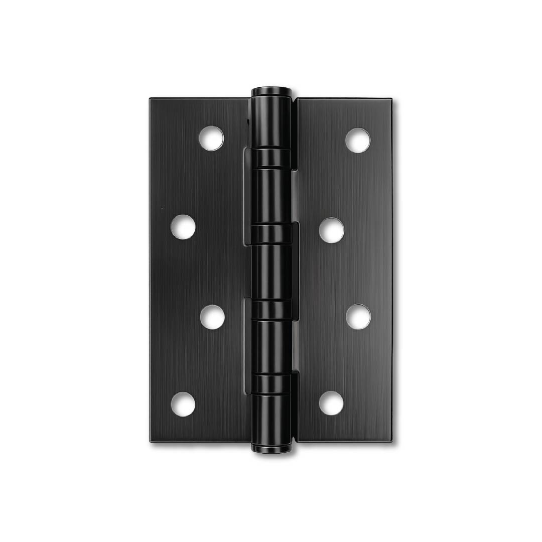 Rear view of DOMIRA black 4 inch steel
ball bearing door hinge showing strong
construction for frequent use.