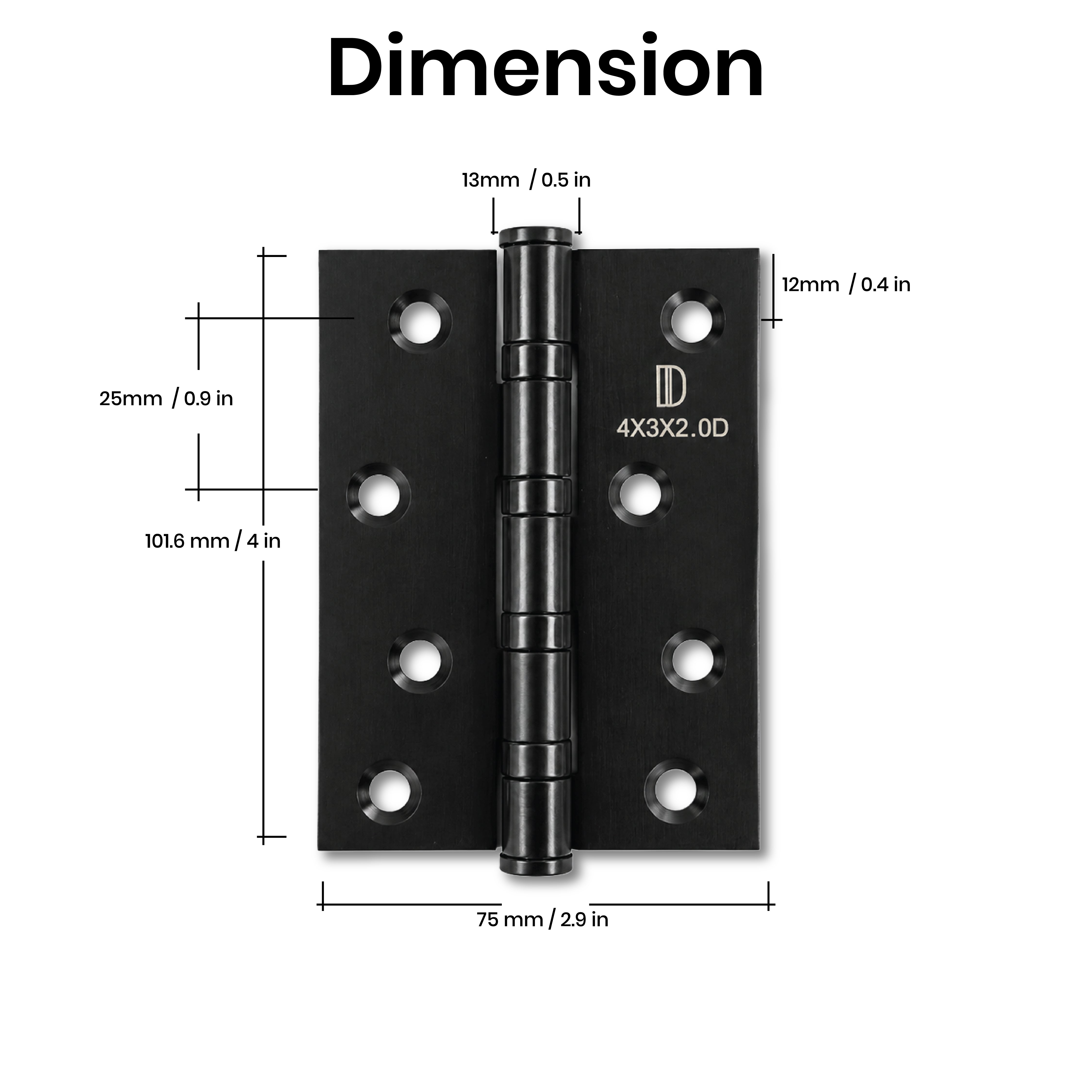 Technical dimensions of the DOMIRA
102mm heavy-duty black ball bearing
door hinge for accurate fitting.
