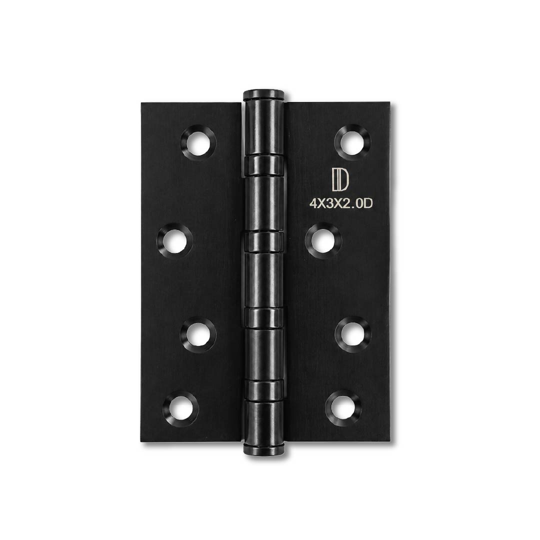Front view of DOMIRA black 102mm
heavy-duty ball bearing door hinges with
durable corrosion-resistant finish.