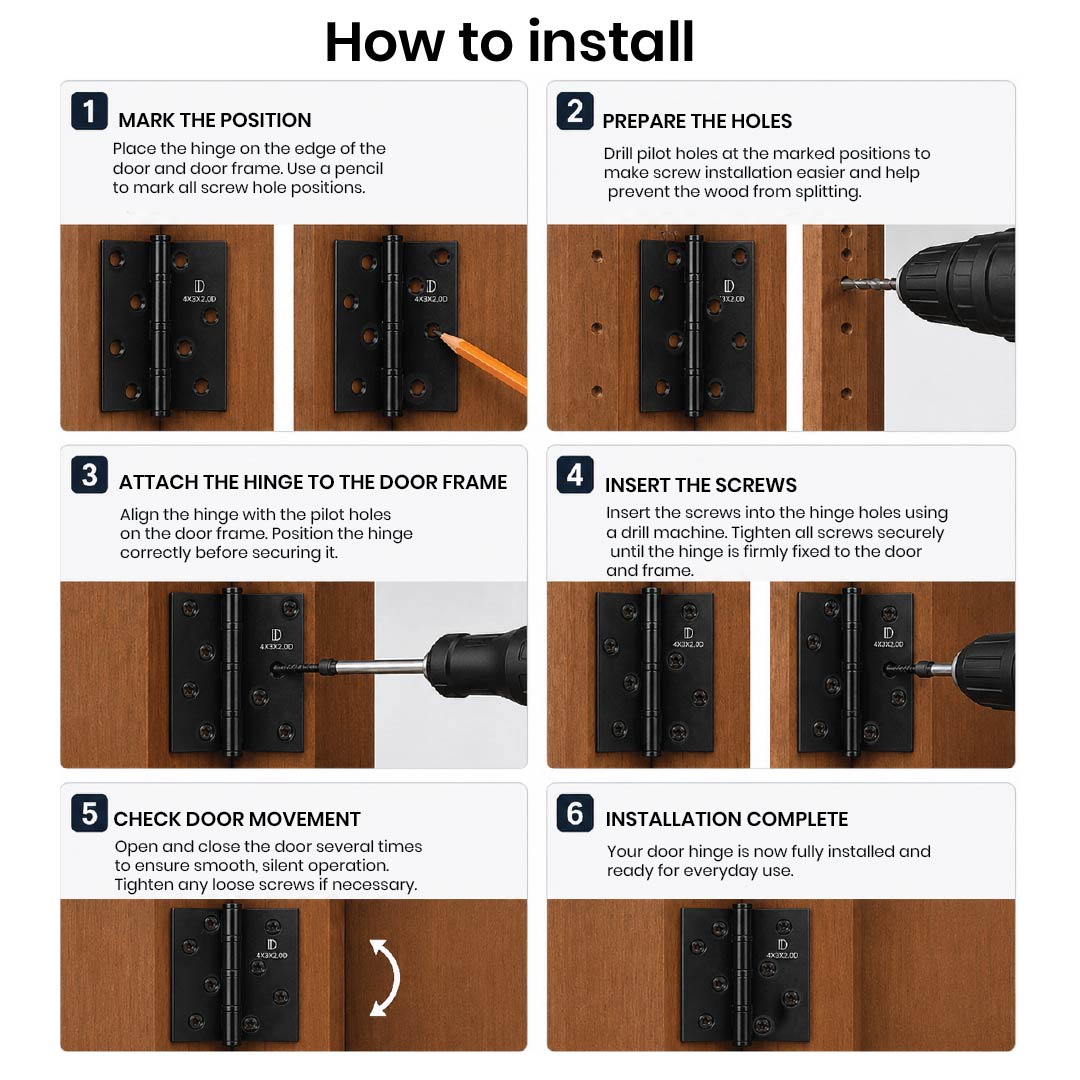 Step-by-step installation guide for fitting
DOMIRA 102mm black ball bearing door
hinges with supplied screws.