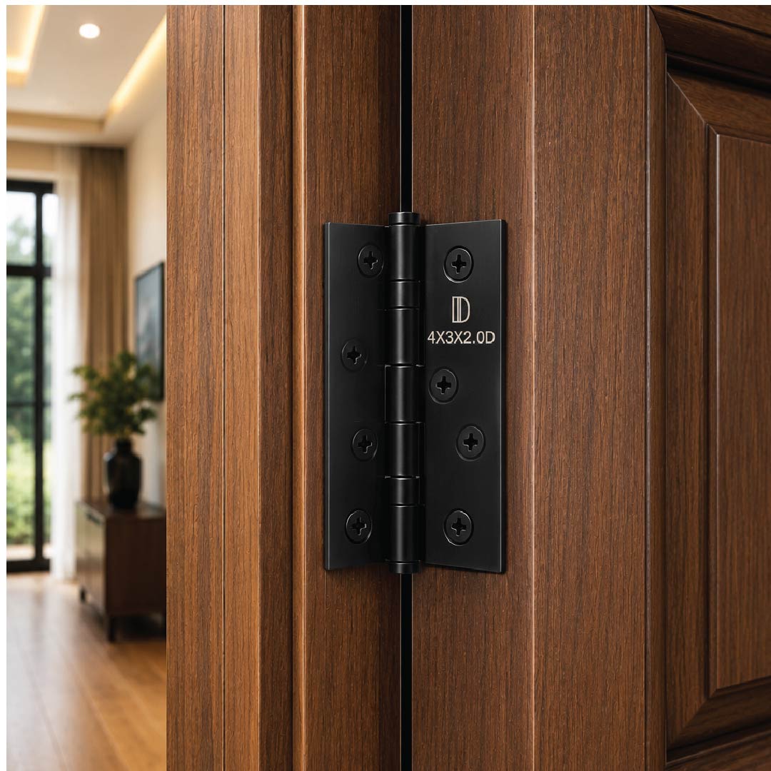 DOMIRA black 102mm ball bearing door
hinges installed on a modern wooden
door for smooth everyday operation.