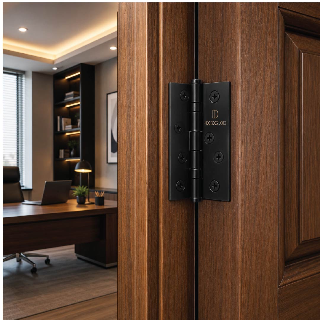 Heavy-duty black steel door hinges fitted
to an office door providing quiet
movement and reliable performance.