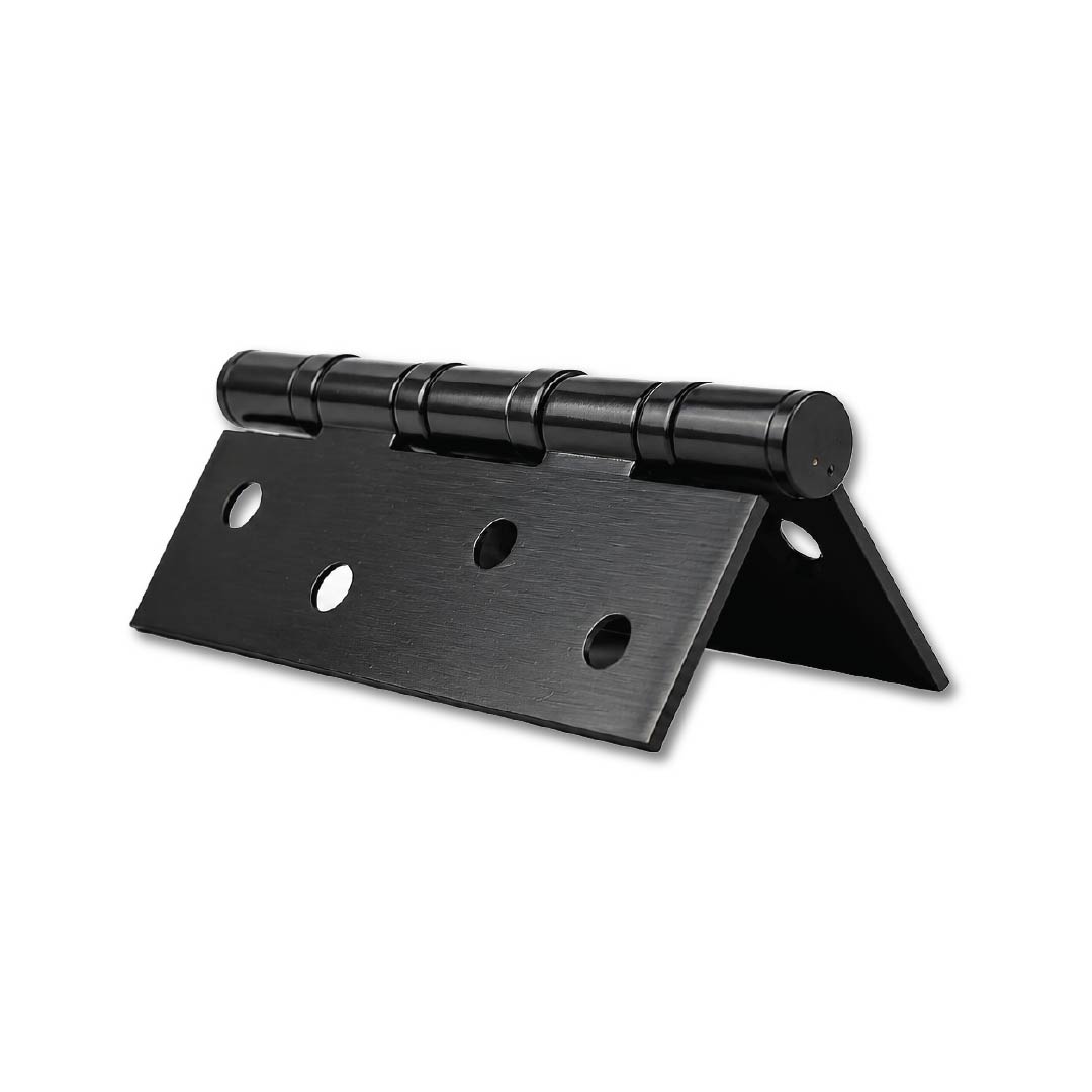 Side profile of DOMIRA black 102mm ball
bearing hinge highlighting smooth bearing
design and precision engineering.