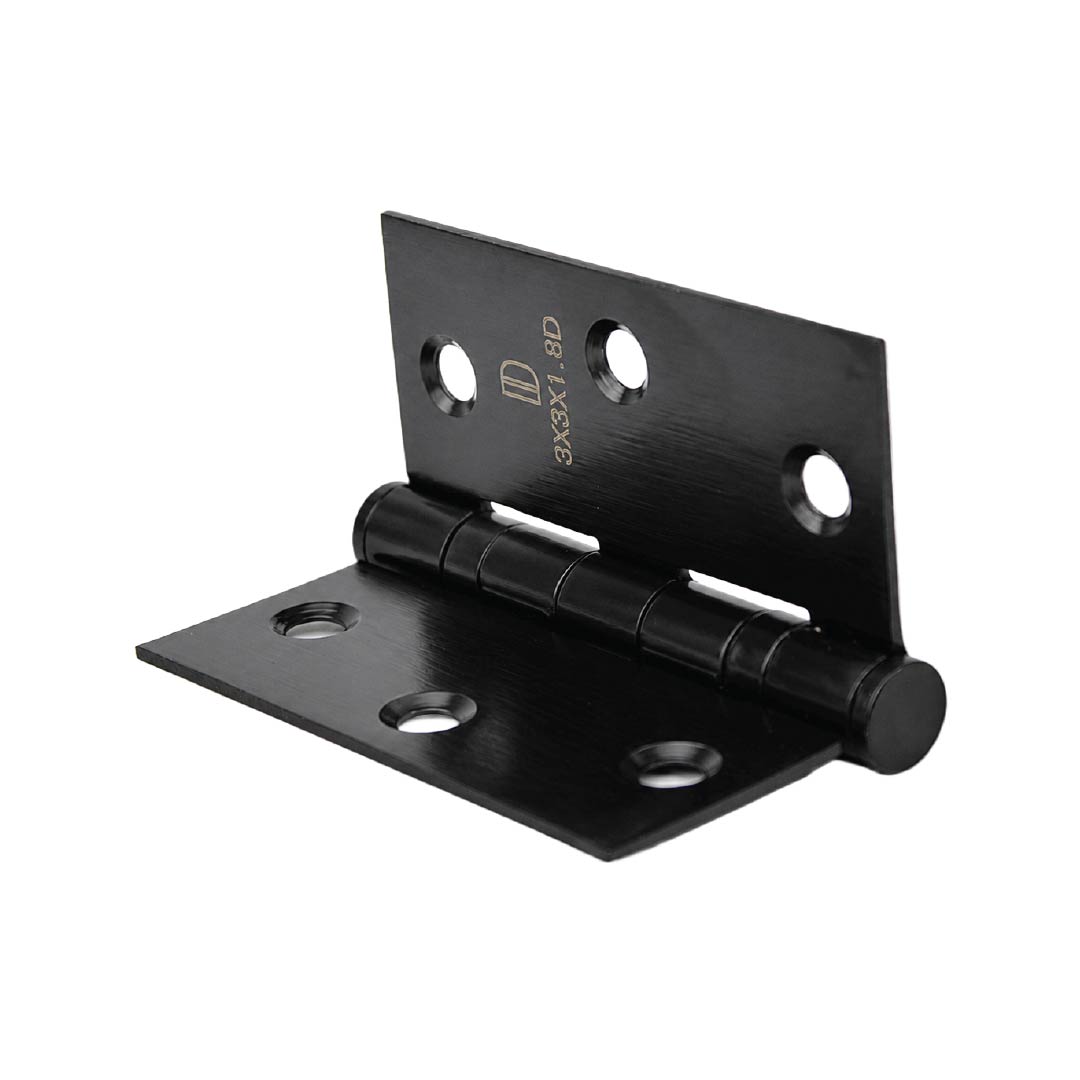 Angled view of DOMIRA black ball bearing
door hinge with corrosion-resistant finish for
internal and external wooden doors.