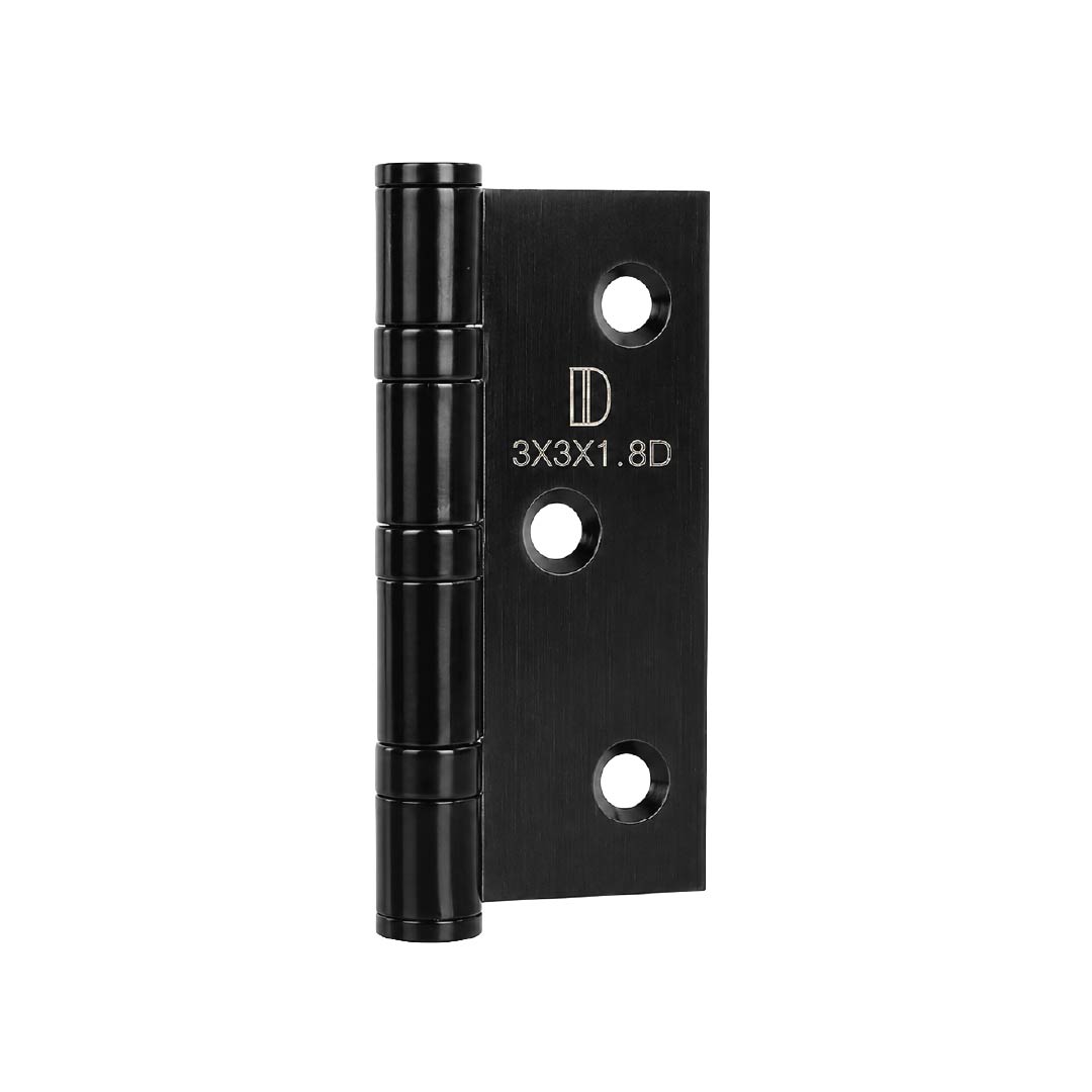 Perspective view of DOMIRA 76mm black
door hinge showing premium finish and
heavy-duty construction.
