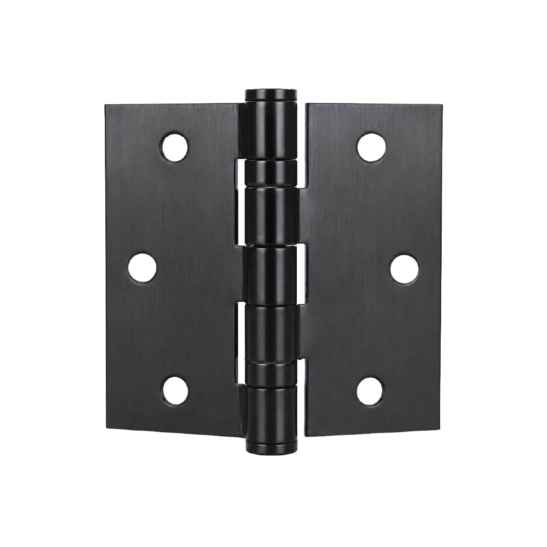 Rear view of DOMIRA black 3 inch ball
bearing door hinges showing strong steel
construction and precision hinge design.