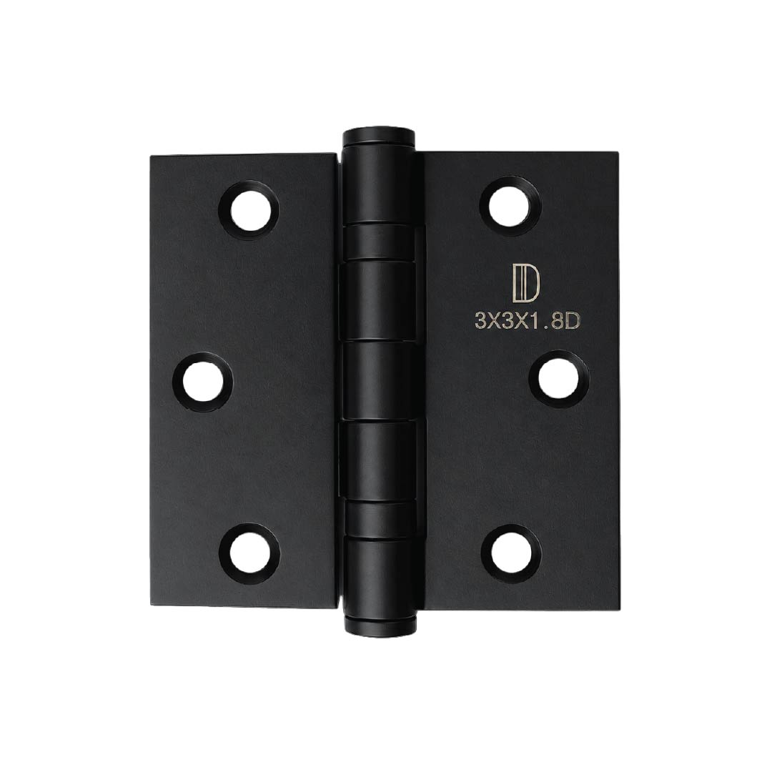 Front view of DOMIRA black 76mm heavy-
duty ball bearing door hinges with durable
black finish for smooth and reliable door
movement.