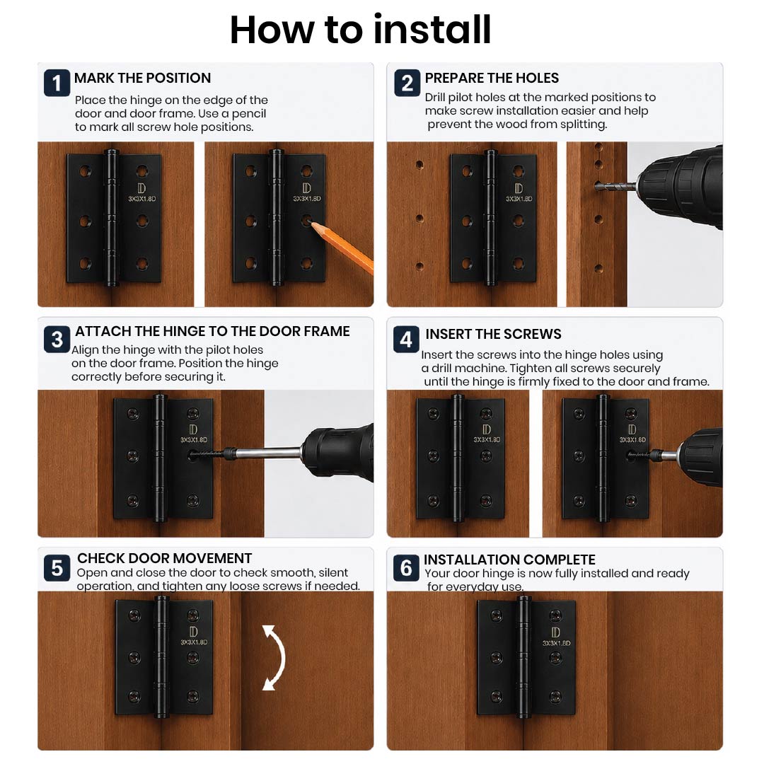 Installation guide showing how to fit
DOMIRA black 76mm ball bearing door
hinges using the included fixing screws.