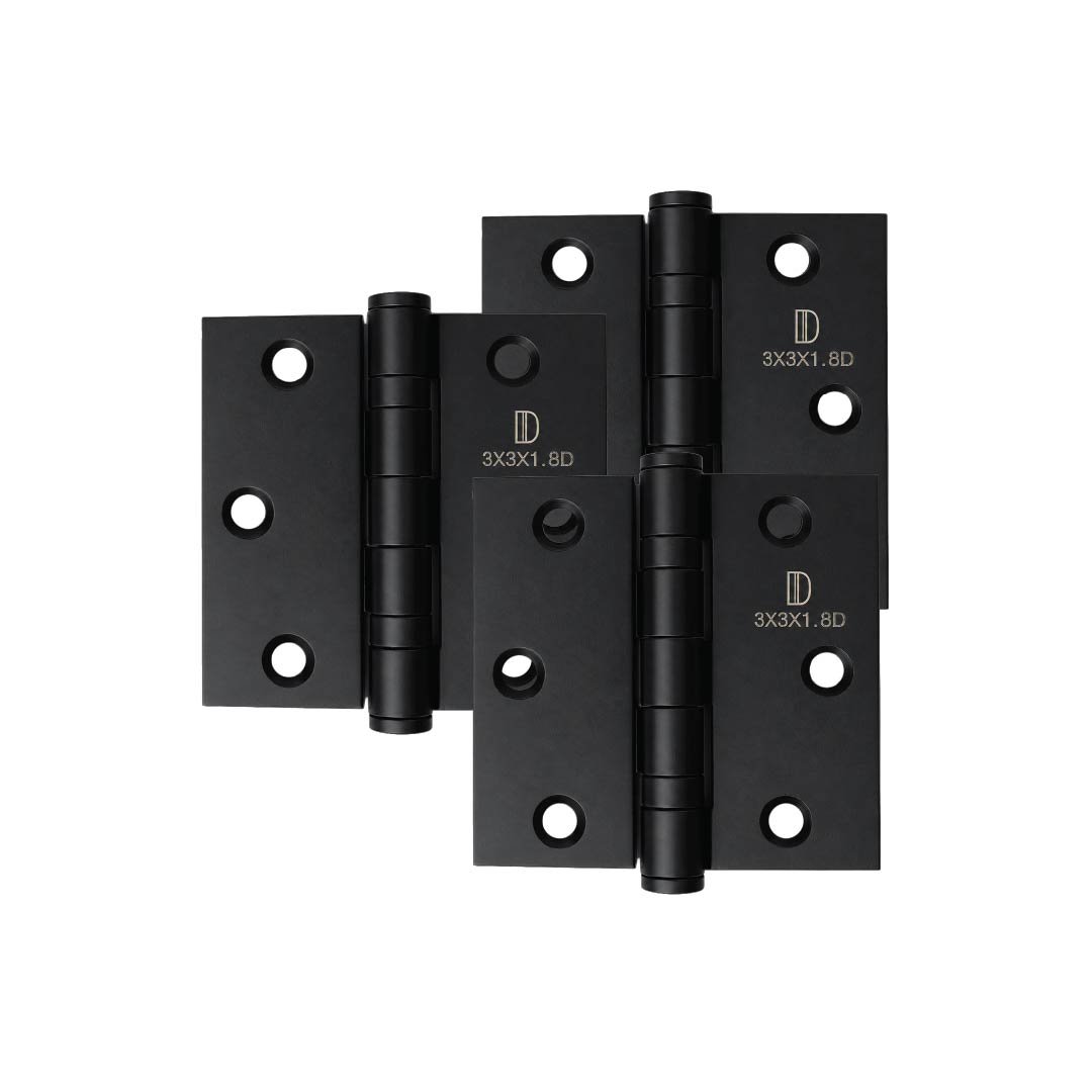 DOMIRA black 76mm ball bearing door hinges pack of 3 made from heavy-duty steel for smooth, quiet operation on internal and external wooden doors.