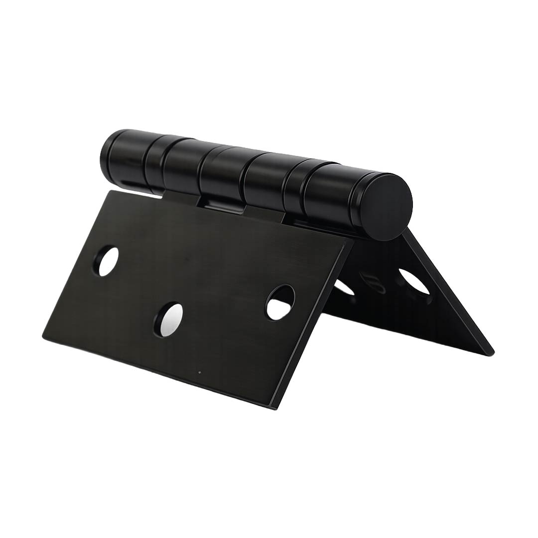 Side profile of DOMIRA black 76mm ball
bearing door hinge highlighting smooth
bearing mechanism and durable steel body.
