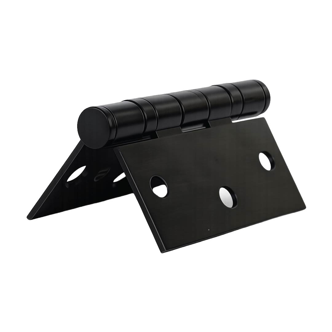 Alternate side view of DOMIRA black
heavy-duty door hinge showing precision
engineering for quiet opening and closing.