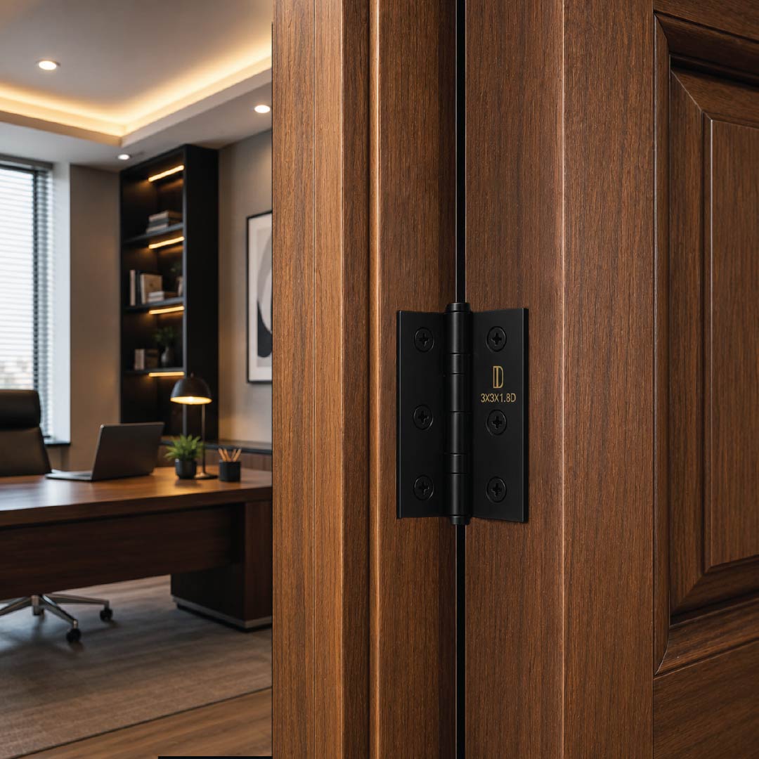 Black heavy-duty ball bearing hinges fitted
to a contemporary office door for reliable
everyday use.