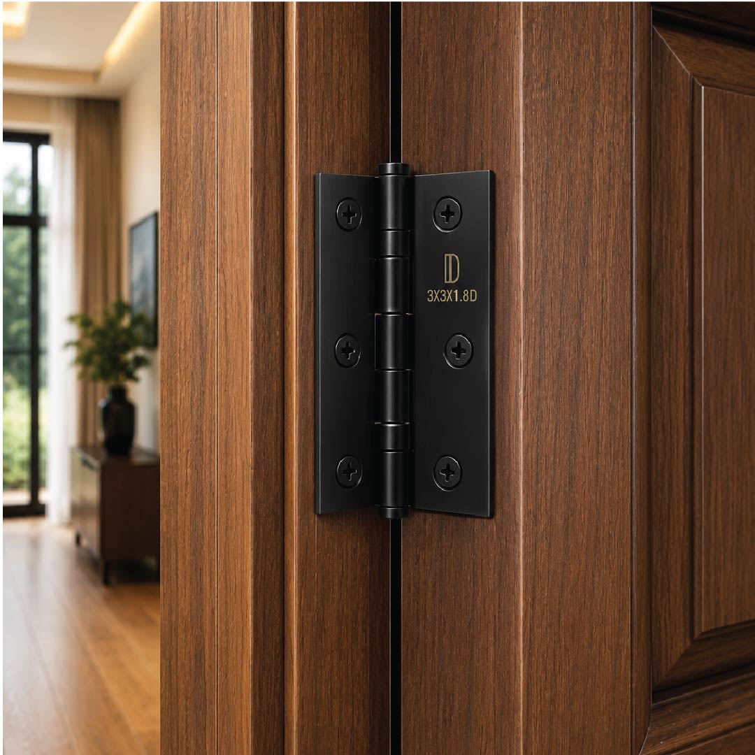DOMIRA black ball bearing door hinges
installed on a modern internal wooden door
providing smooth and quiet movement.
