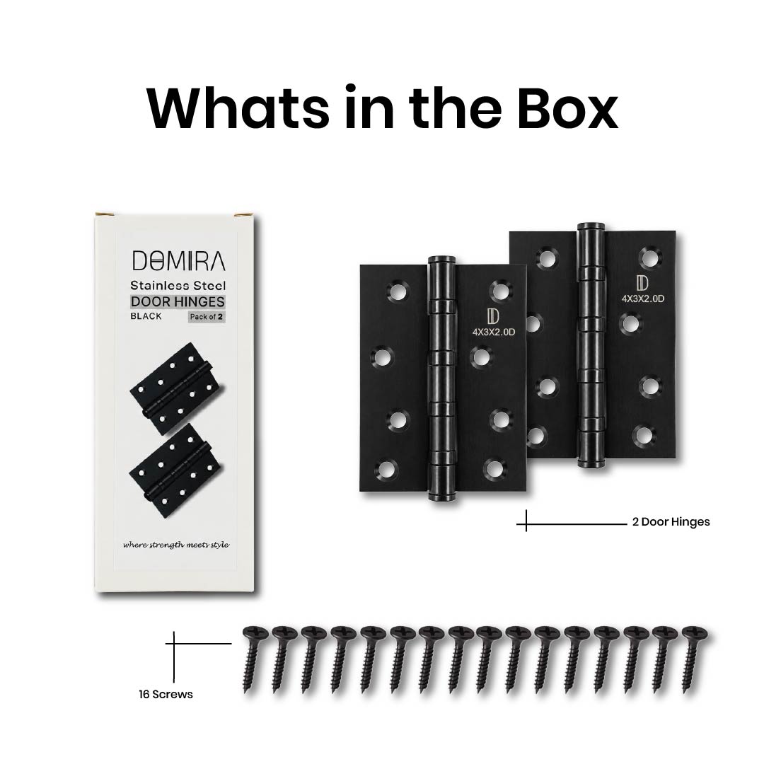 DOMIRA black 102mm ball bearing door
hinge pack including two heavy-duty
hinges and fixing screws.