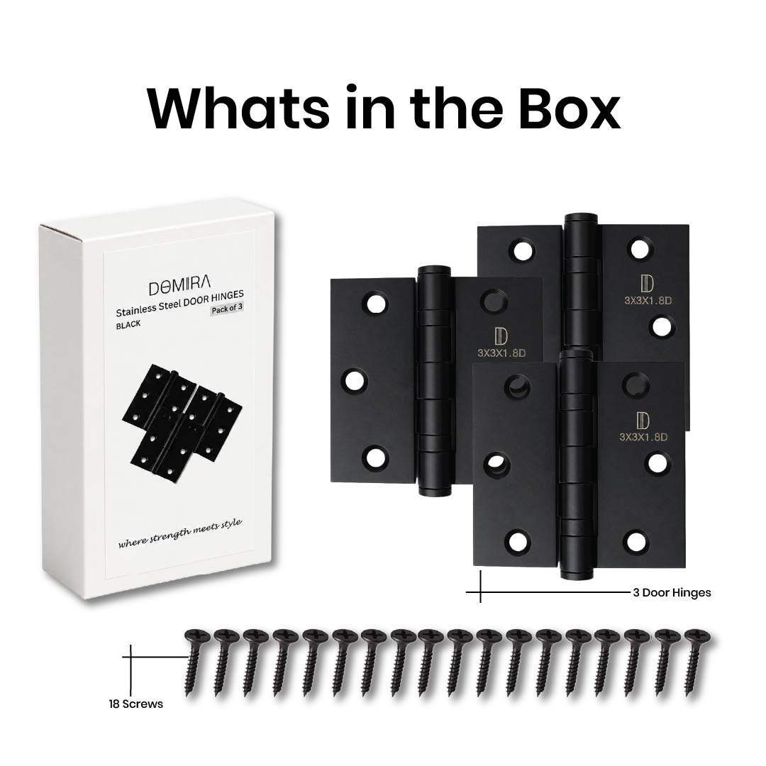 DOMIRA black 76mm ball bearing door
hinge pack containing three hinges and
matching fixing screws.