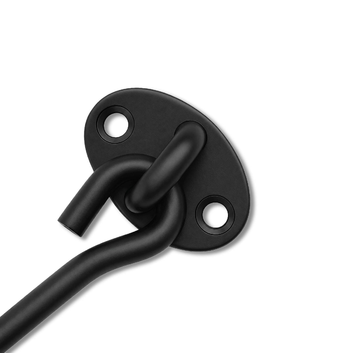 Close up of the DOMIRA black hook
and eye latch showing the solid
buckle for secure fastening