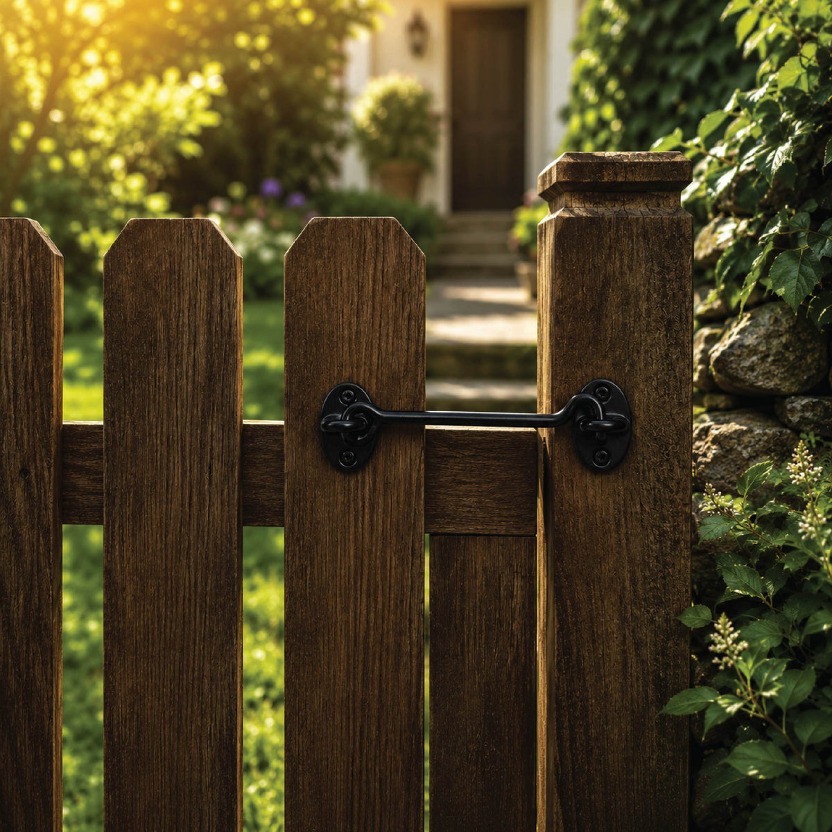 DOMIRA black gate hook and eye
latch shown securing a fence door
for dependable fastening