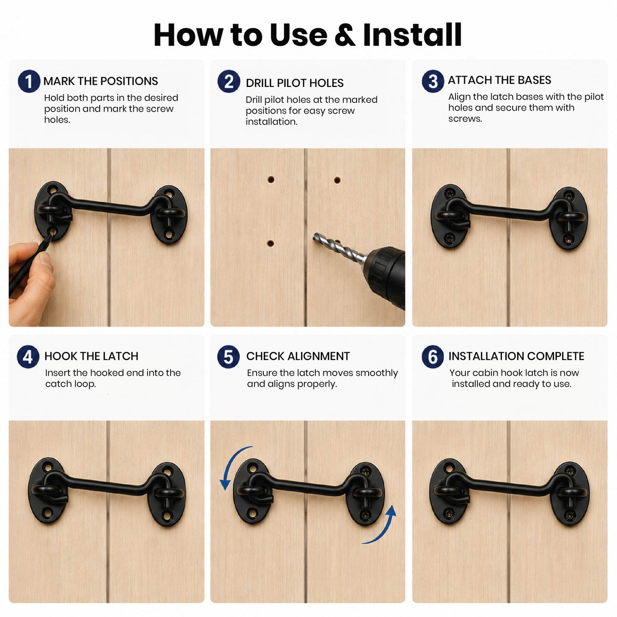 How to use the DOMIRA black hook
and eye latch to securely fasten a
door or gate