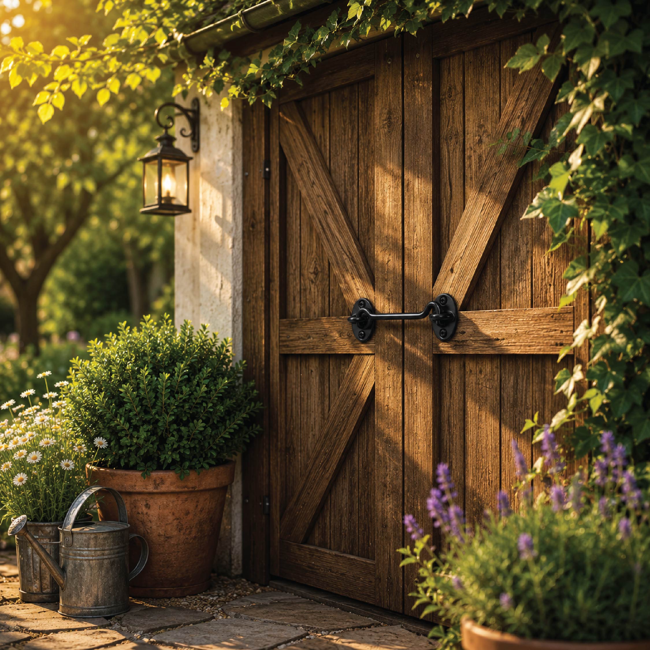 DOMIRA black shed door lock hook
and eye latch shown securing a shed
door