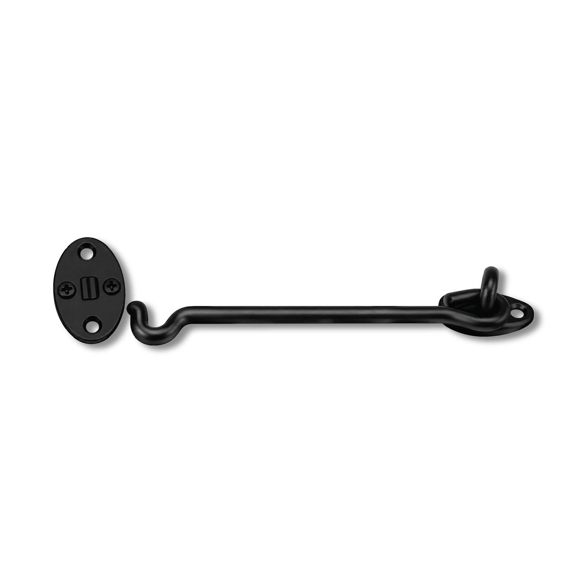 DOMIRA black hook and eye door
lock side profile showing the
reinforced latch and mounting base