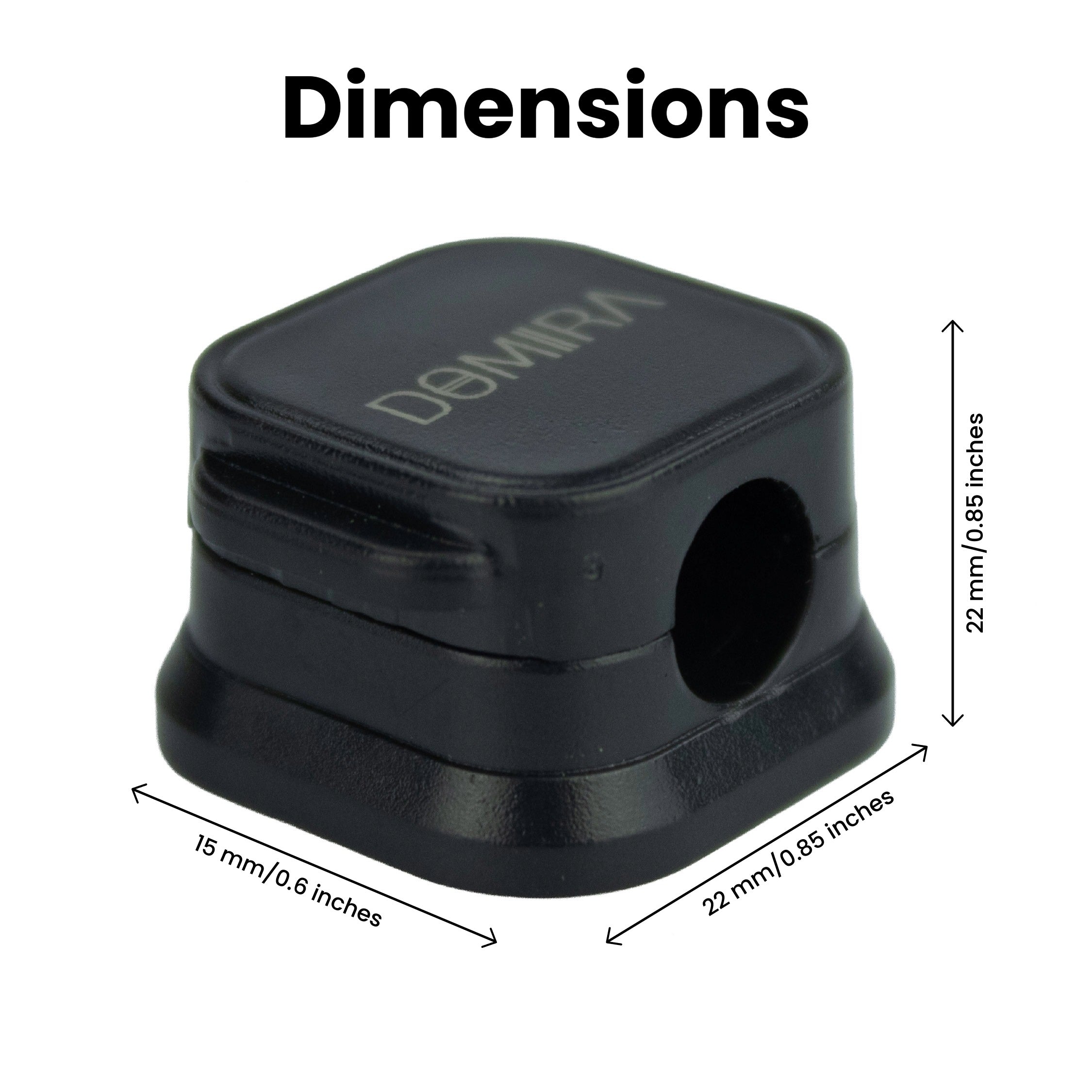 Dimensions image showing
measurements of DOMIRA black
magnetic cable holder clips including
22mm width and 7.5mm cable slot
diameter.