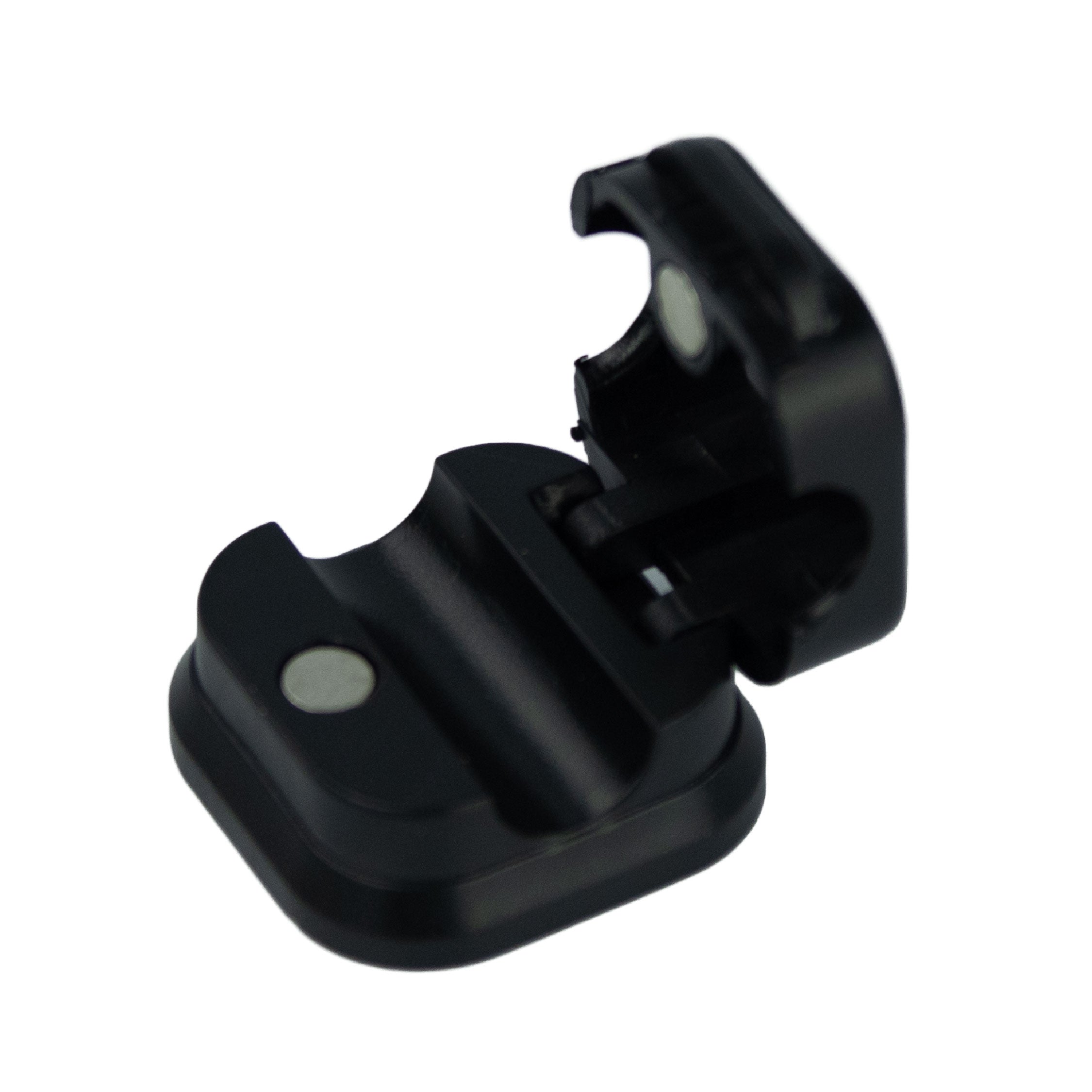 Front angle view of black magnetic
cable holder clips showing cable entry
slot and magnetic locking design for
charging cables and USB wires.