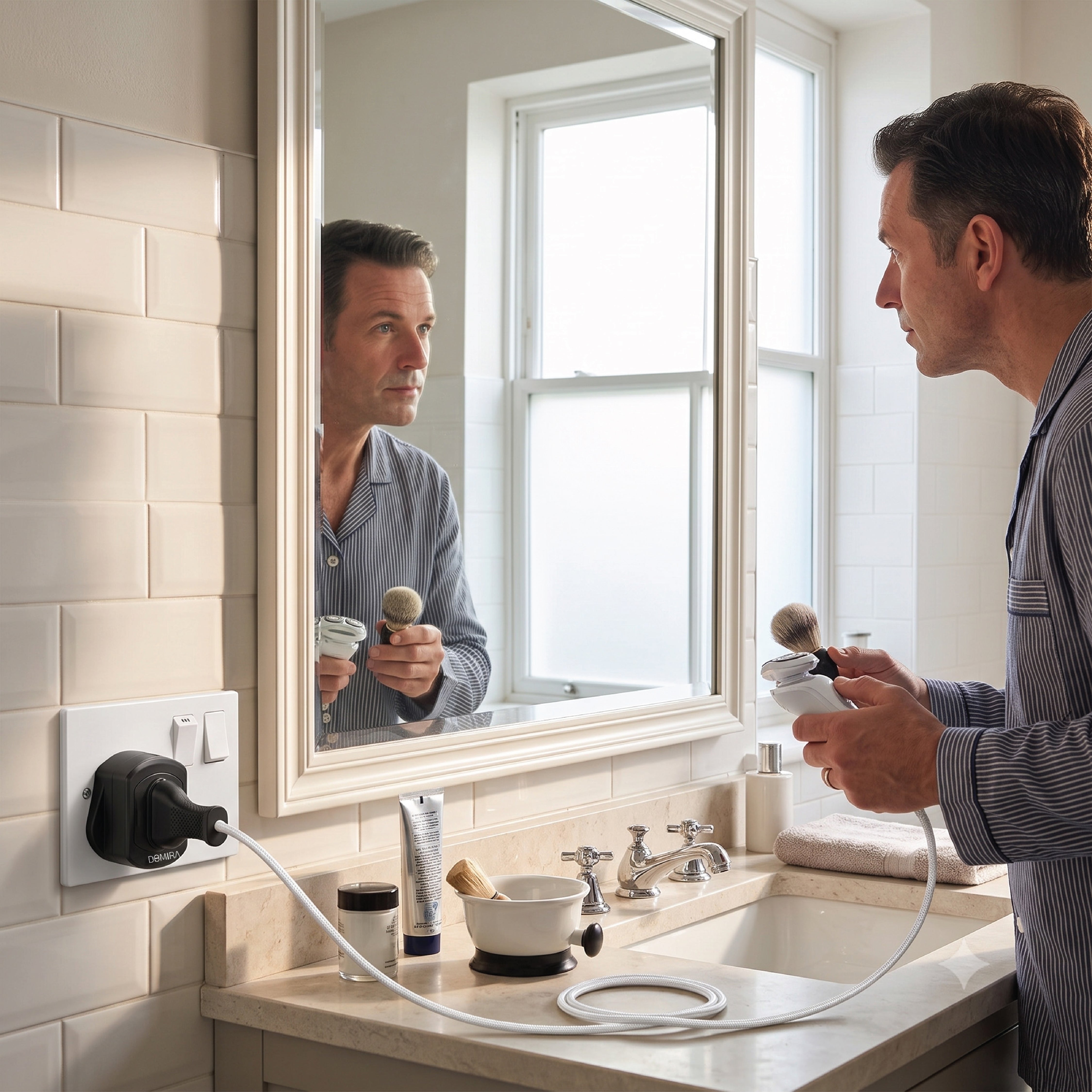 Man using an electric shaver connected
through the DOMIRA black UK shaver
adapter plug in a modern bathroom.