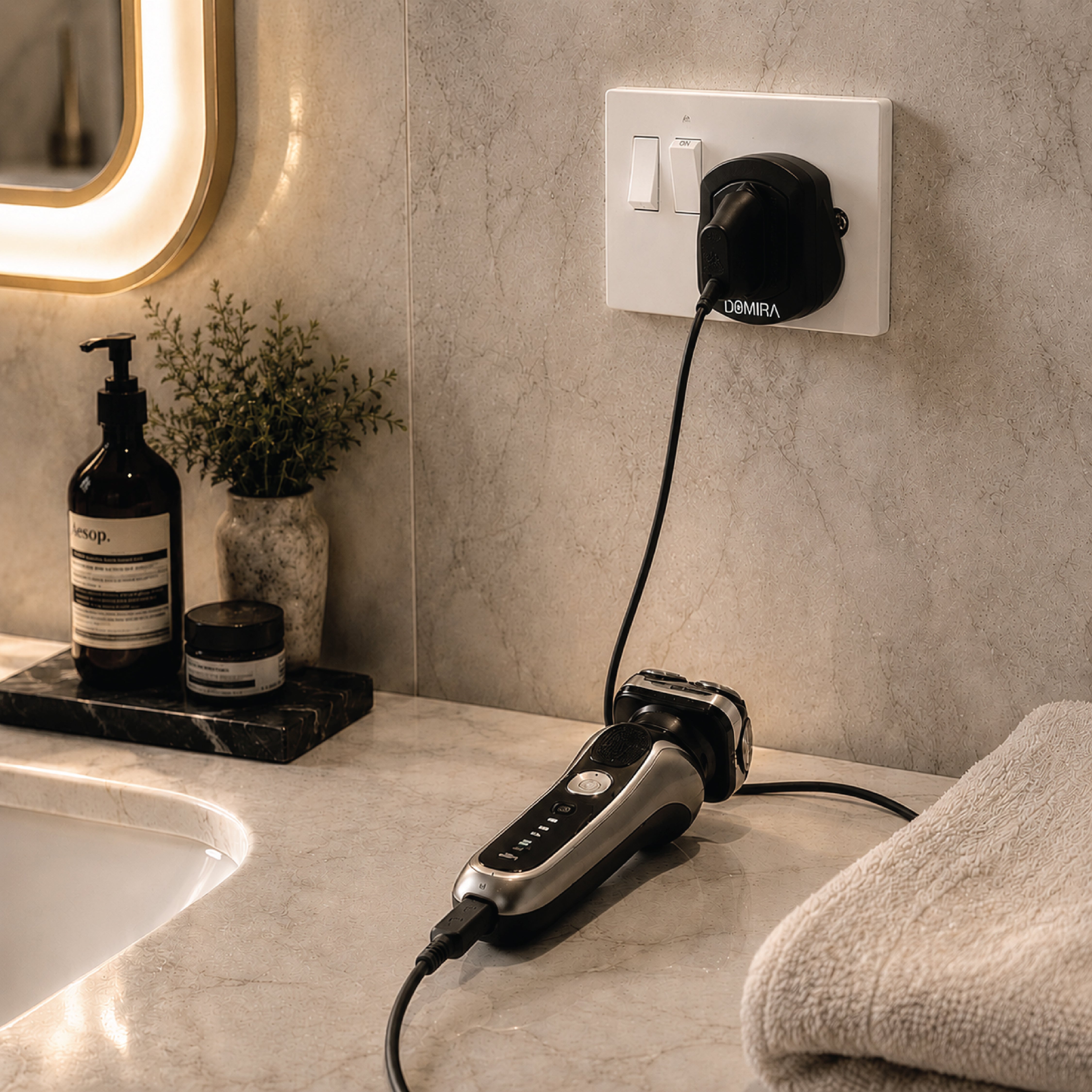 Electric toothbrush charging safely using
the DOMIRA black 2 pin to 3 pin adapter
plugged into a UK socket.