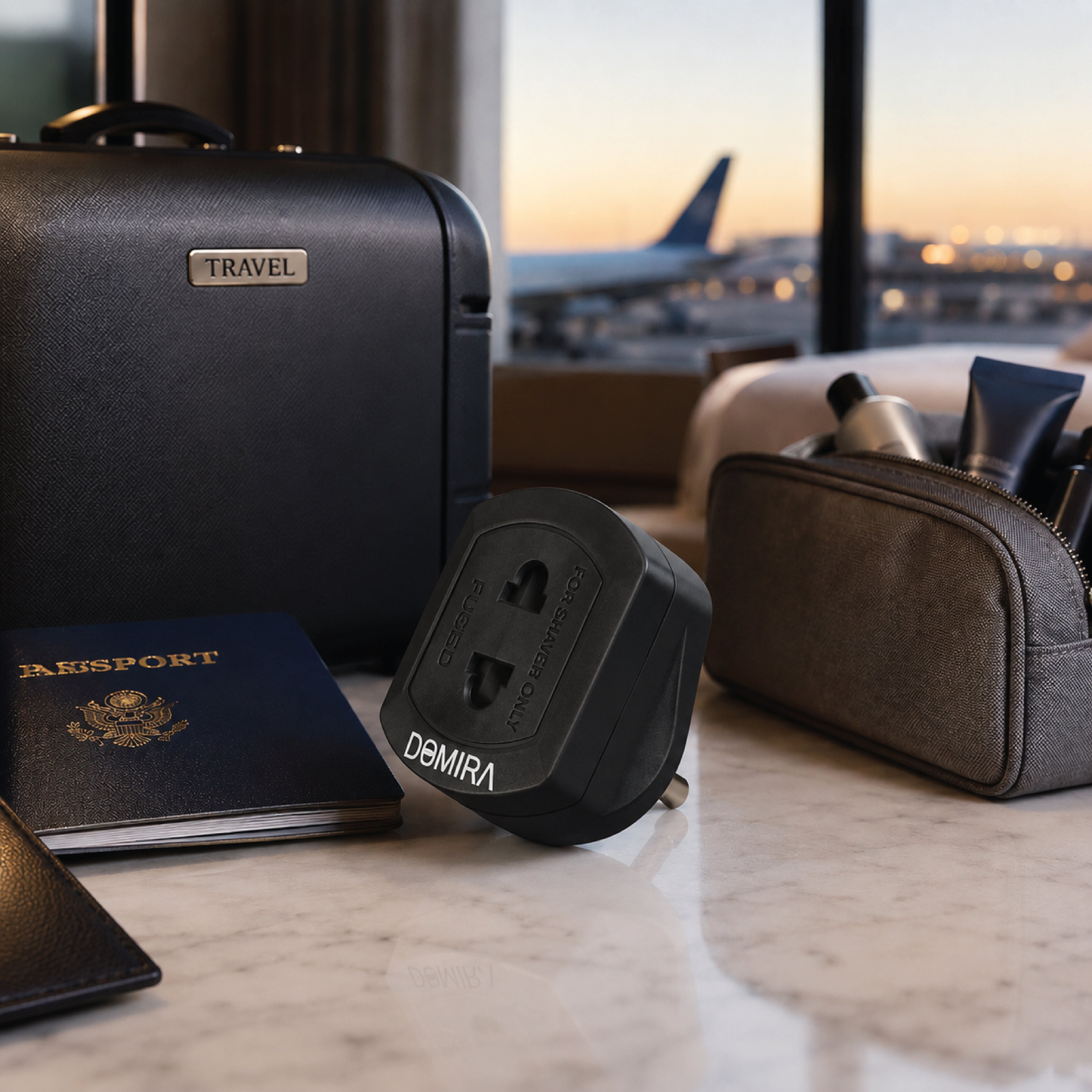DOMIRA black travel adapter placed
beside luggage showing its compact
design for holidays and business trips.