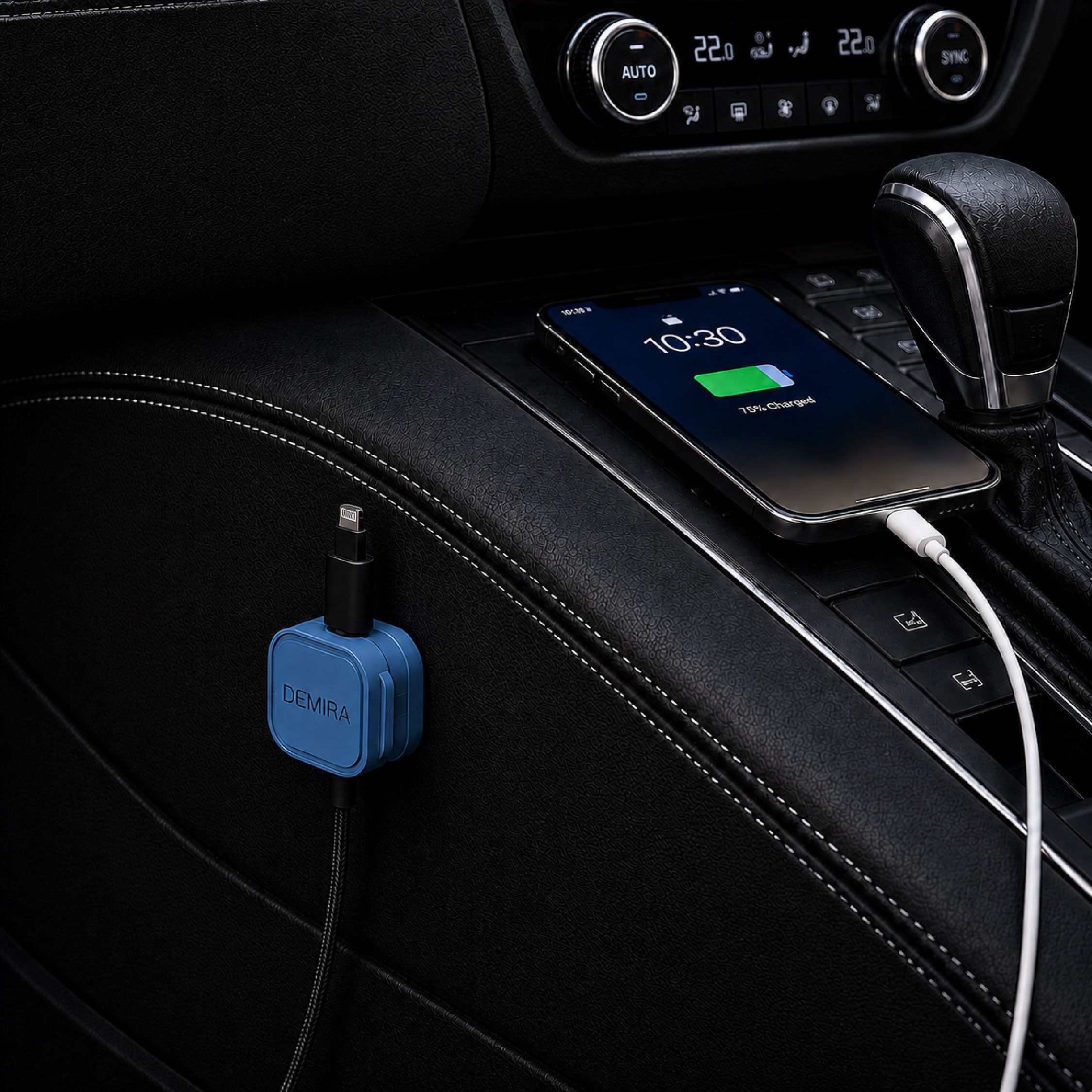 DOMIRA blue magnetic cable holder clips used in a car to organise charging cables, USB cables and AUX cords.