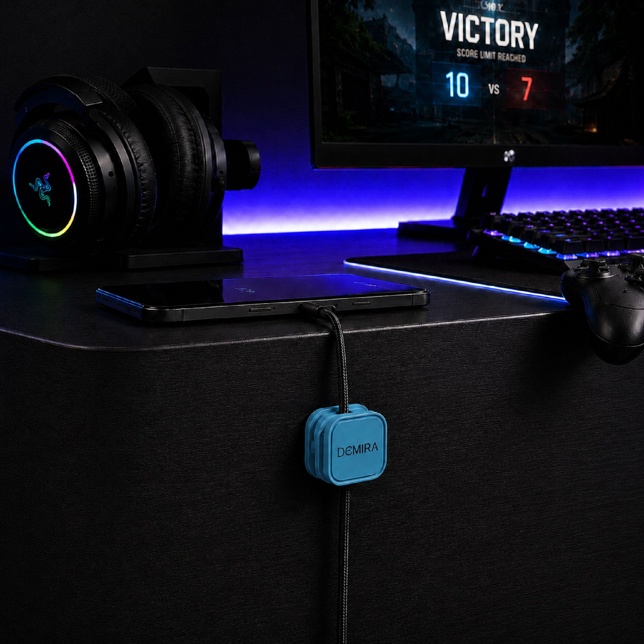 Blue magnetic cable clips used for desk cable management beside a computer setup to organise charging cables and USB wires.