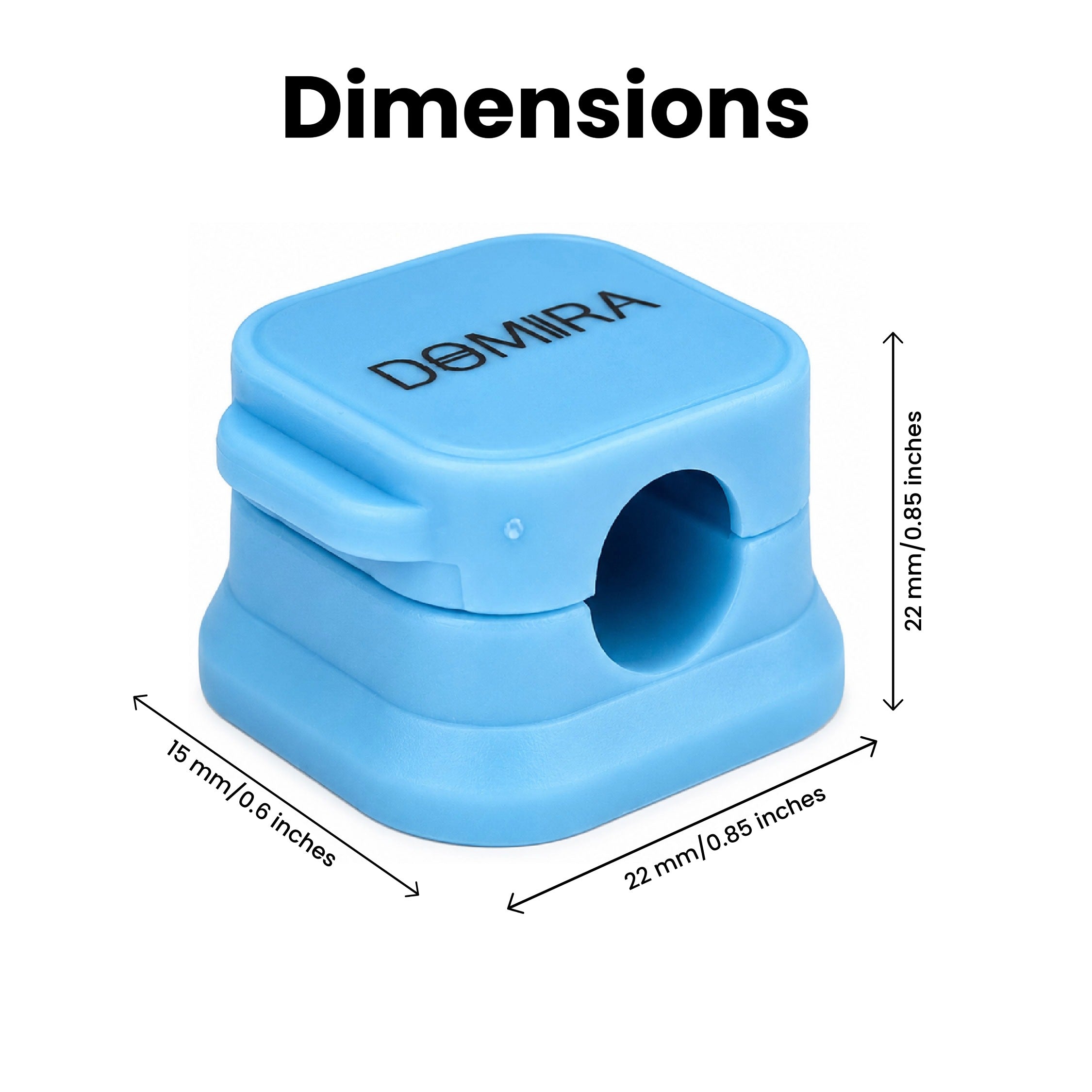 Dimensions image showing
measurements of DOMIRA blue
magnetic cable holder clips including
22mm width and 7.5mm cable slot