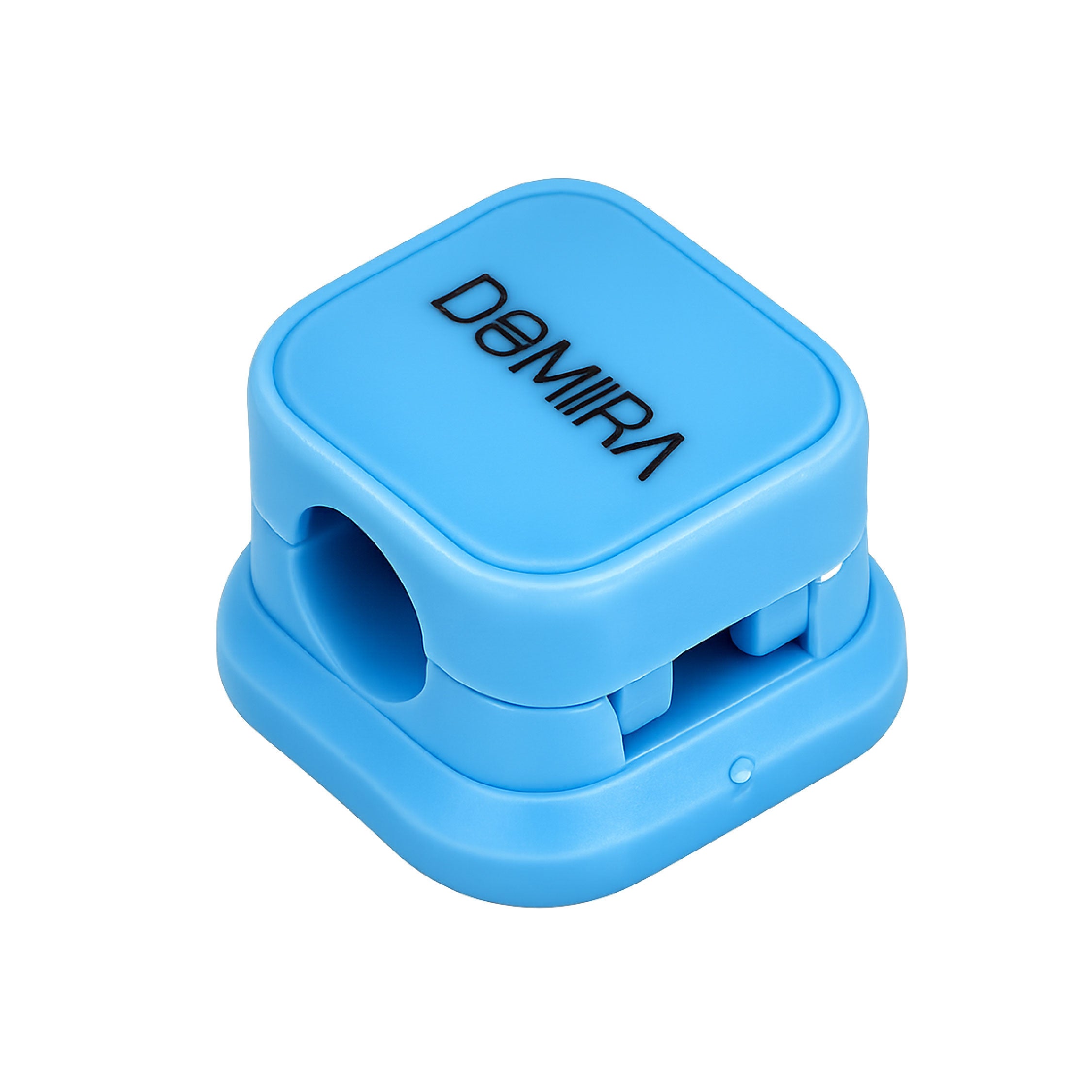 Front angle view of blue magnetic cable
holder clips showing cable entry slot and
magnetic locking design for charging
cables and USB wires.