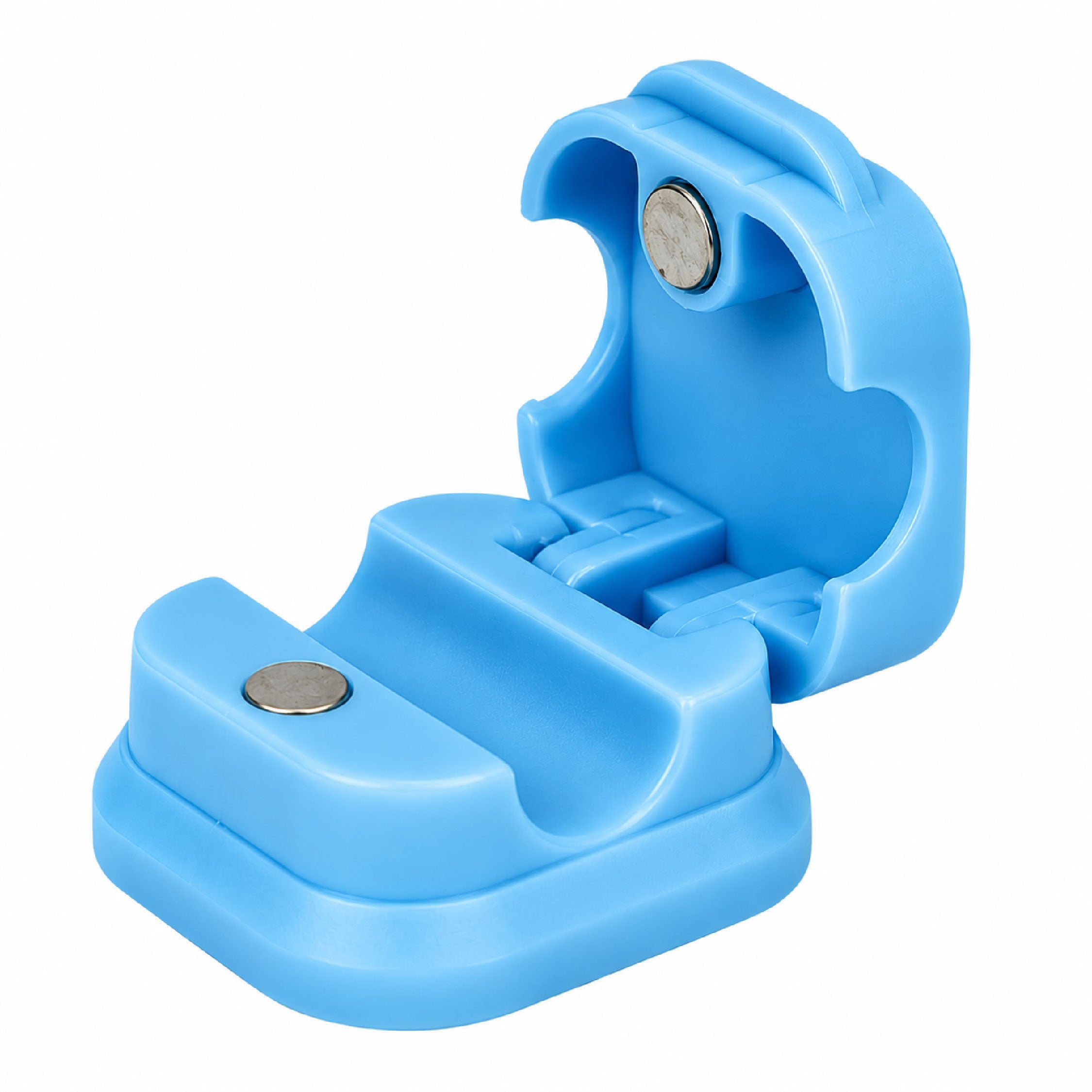 Open view of DOMIRA blue magnetic
cable holder clip showing magnetic
opening mechanism for easy cable
insertion and removal.