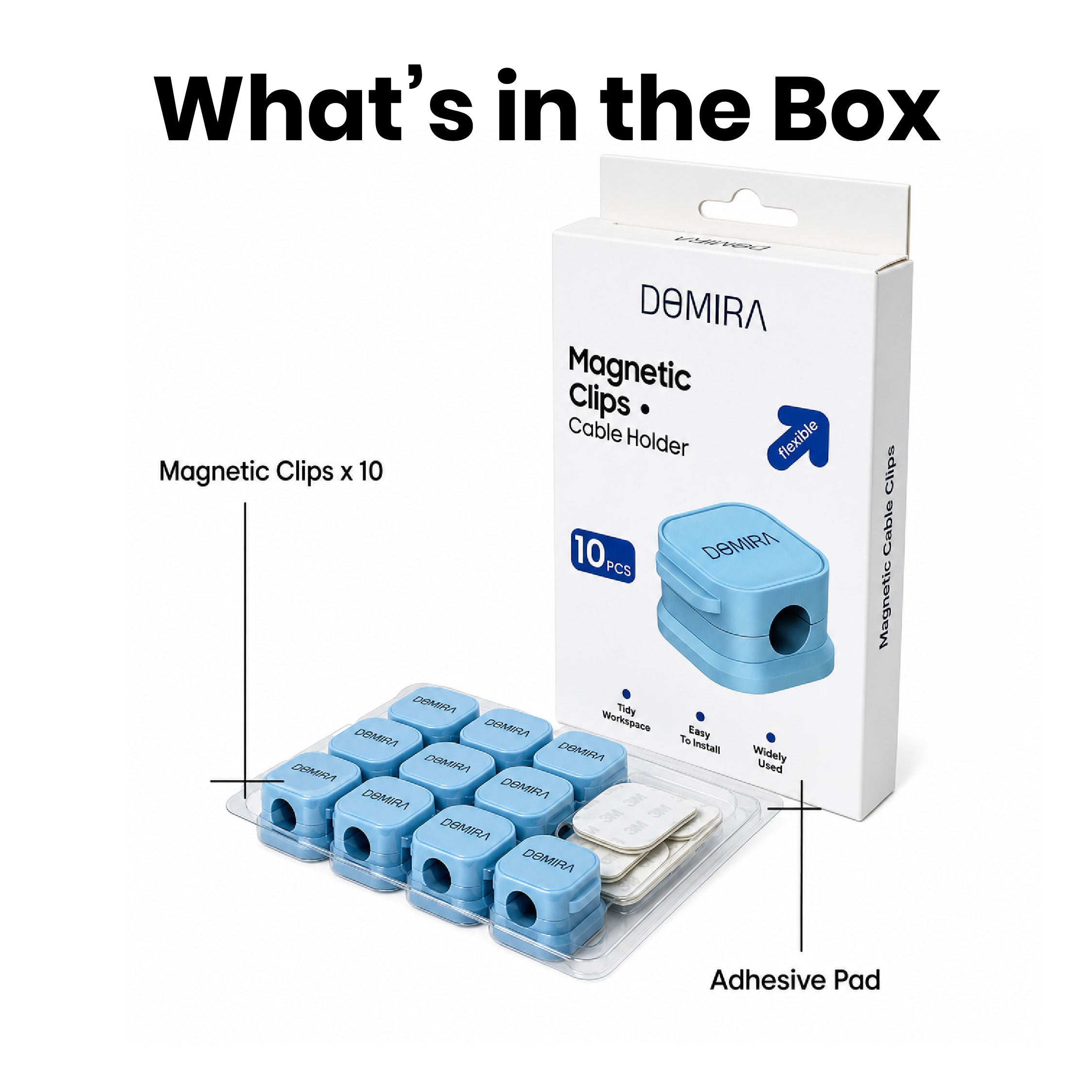 Contents of the DOMIRA blue magnetic
cable holder clips pack including 10
cable clips and replacement adhesive
pads.