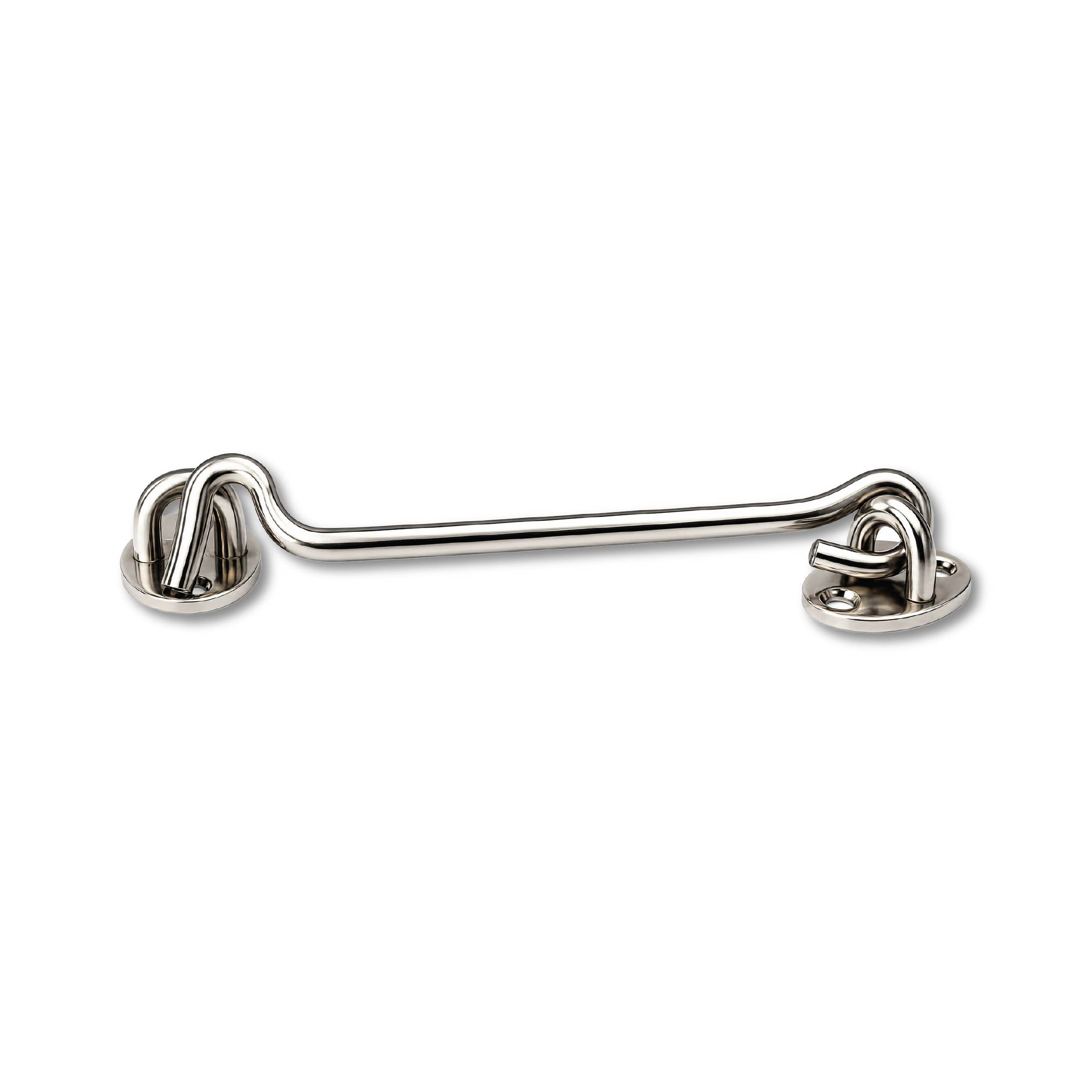 DOMIRA chrome hook and eye door
latch angled view showing its solid
stainless steel construction