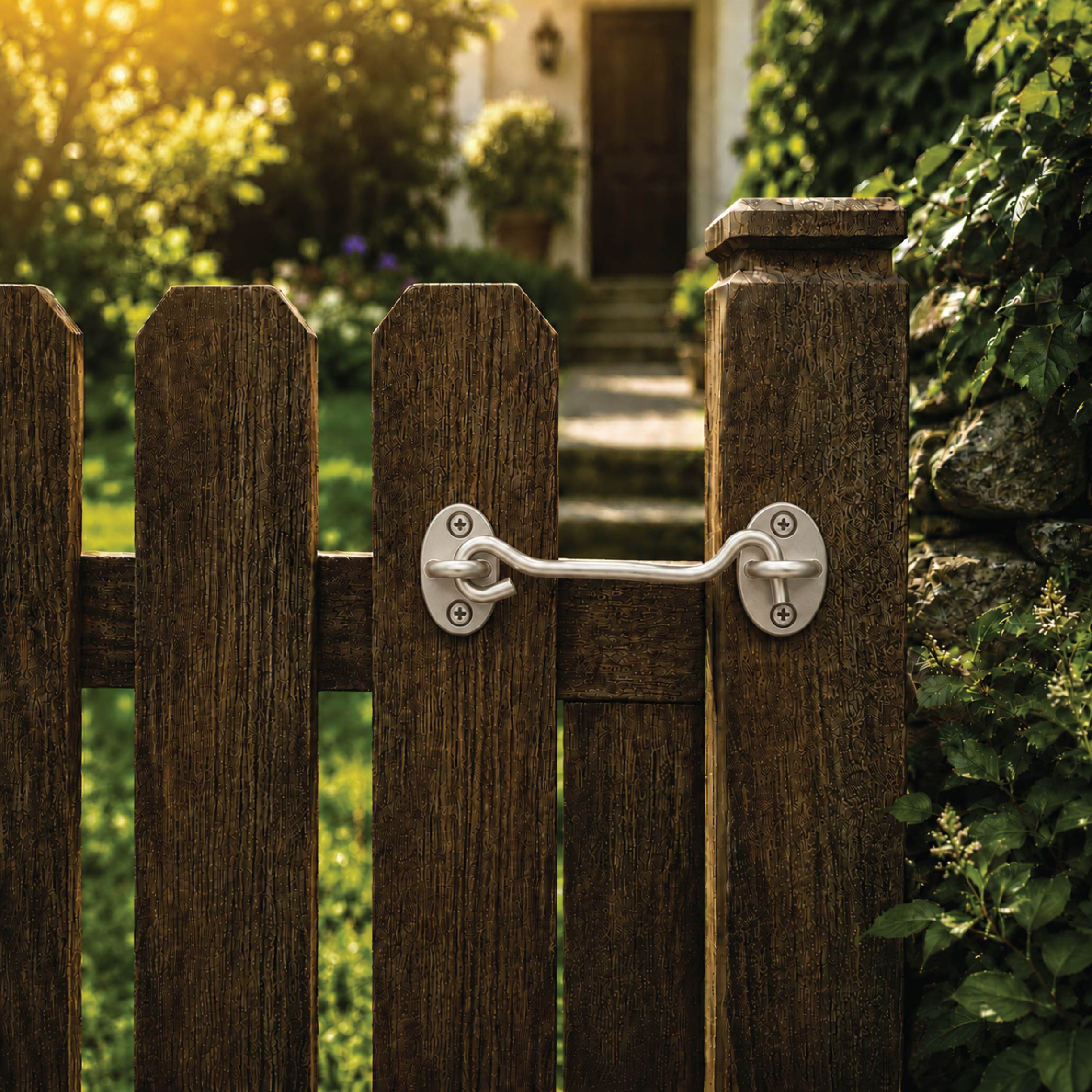 DOMIRA chrome gate hook and eye
latch shown securing a fence door
for dependable fastening