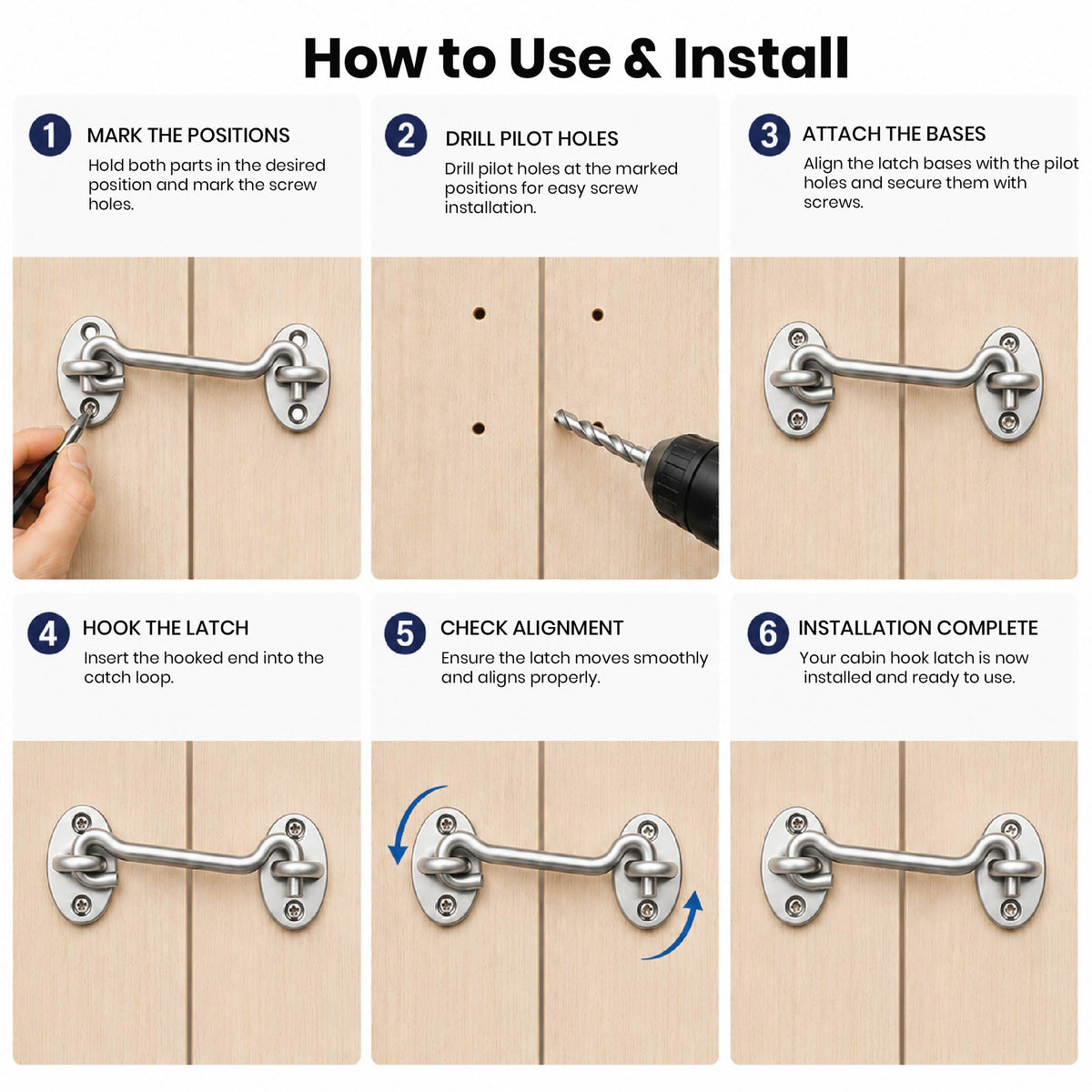 How to use the DOMIRA chrome
hook and eye latch to securely fasten
a door or gate