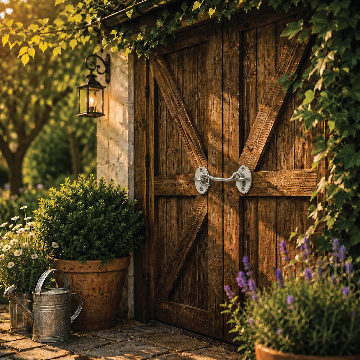 DOMIRA chrome shed door lock
hook and eye latch shown securing a
shed door