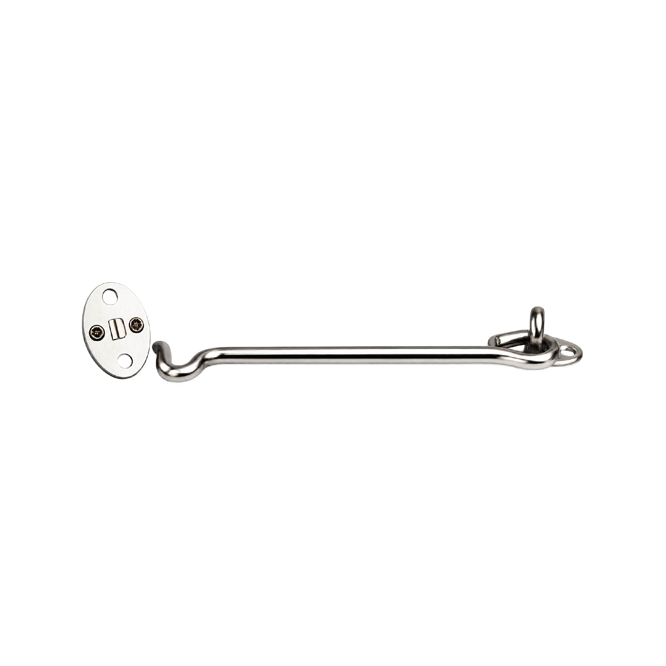 DOMIRA chrome hook and eye door
lock side profile showing the
reinforced latch and mounting base