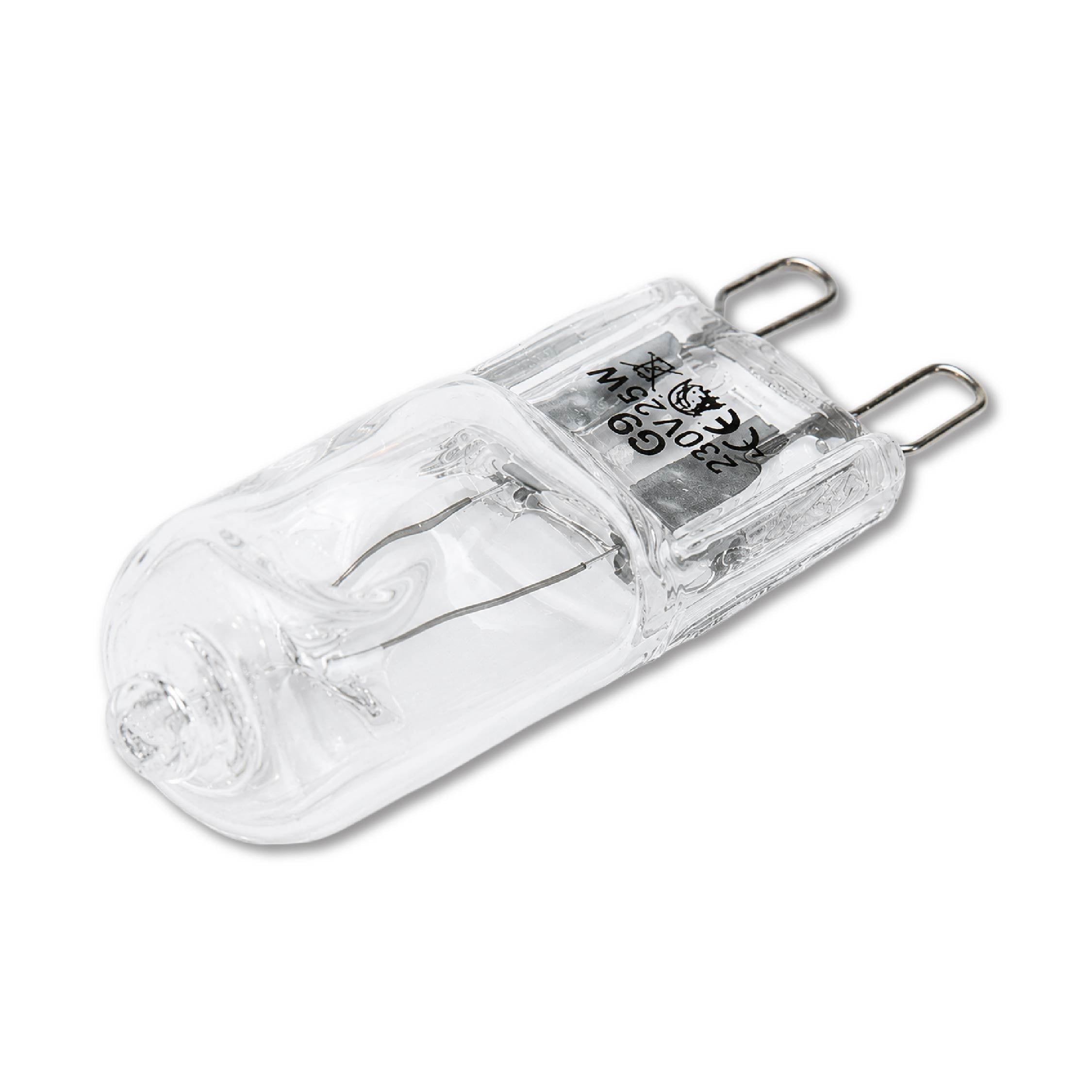 Angled view of the DOMIRA G9 25W
halogen light bulb highlighting the
durable glass construction and capsule
shape.