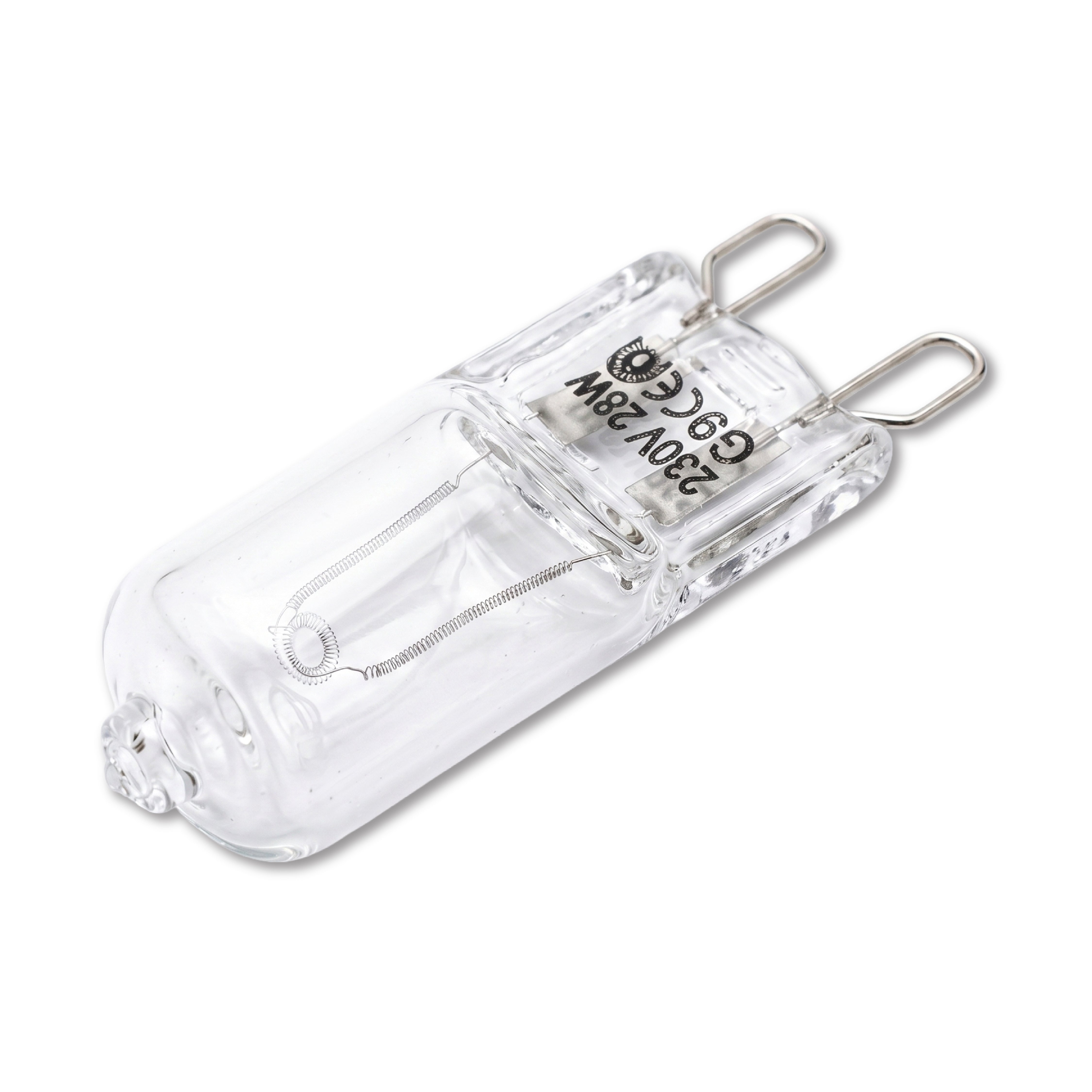 Angled view of the DOMIRA G9 28W
halogen light bulb highlighting the
premium glass capsule and compact
design.