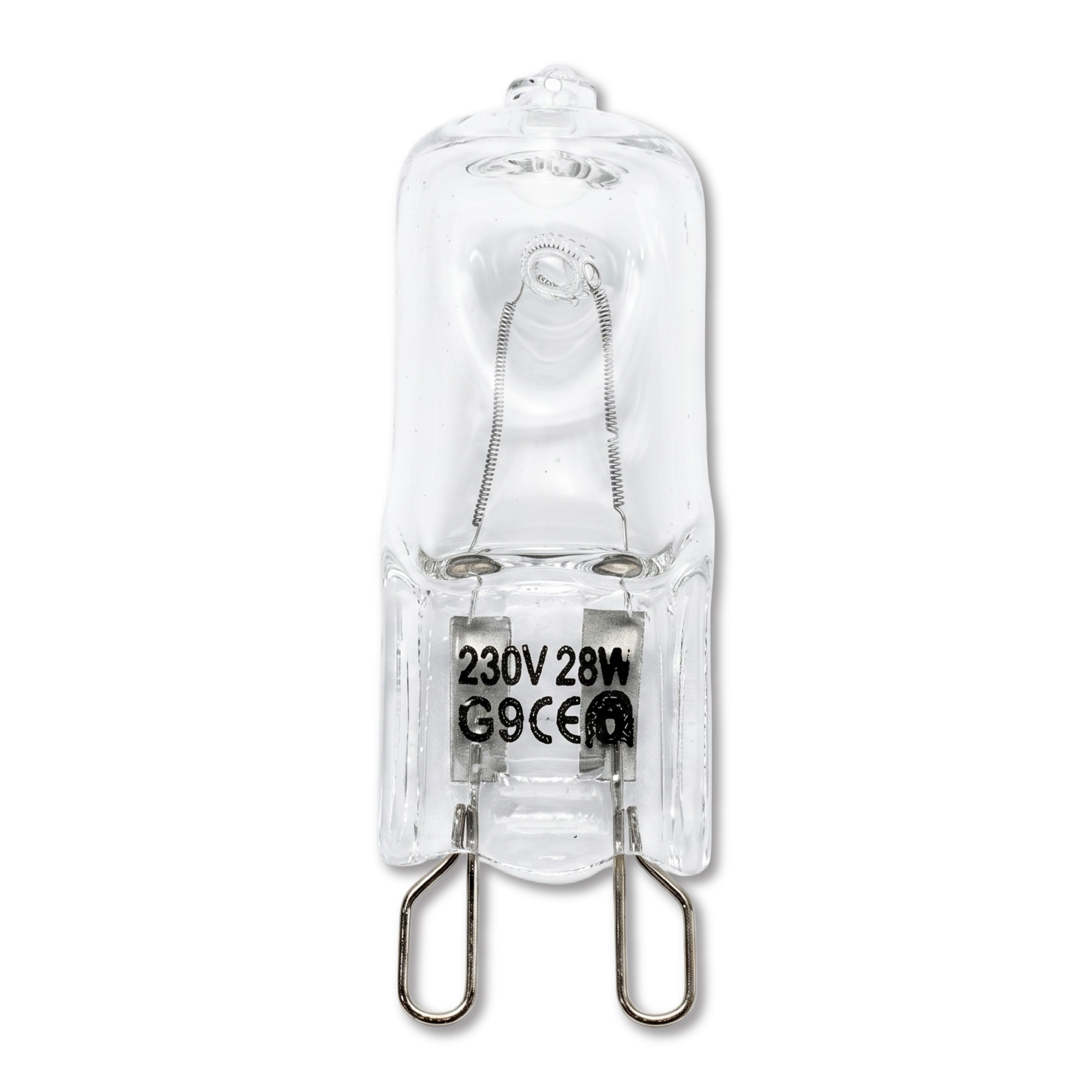 Front view of the DOMIRA 28W G9
halogen bulb showing the compact glass
capsule design and standard G9 fitting.